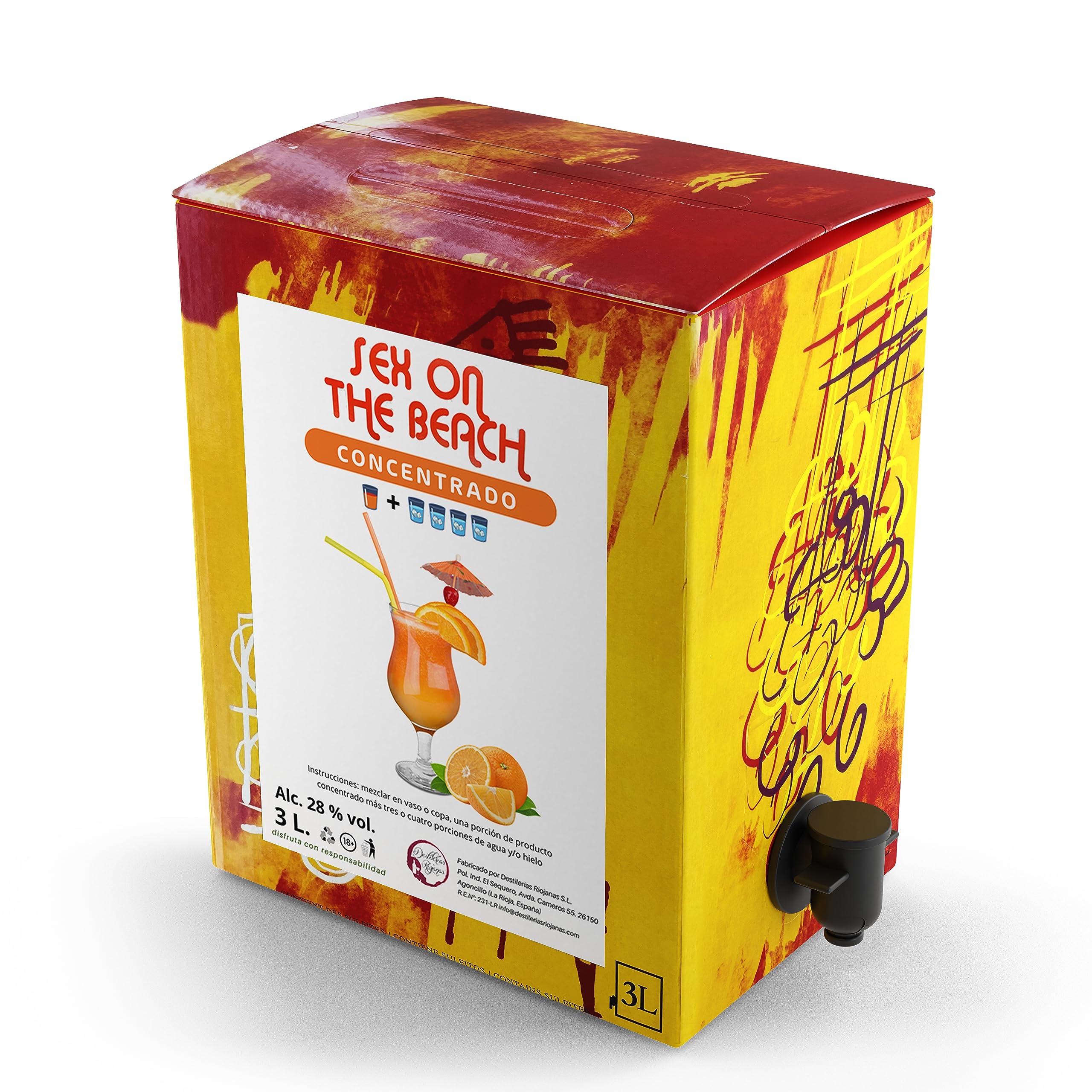 Concentrado Cóctel Sex On The Beach Bag en Box 3,3 Kg (3L) 28% Vol. Rinde 15L o más de 50 vasos diluído en Agua y Hielo. Un Cocktail Más Rentable y Rápido en Menos Espacio. Por Destilerías Riojanas