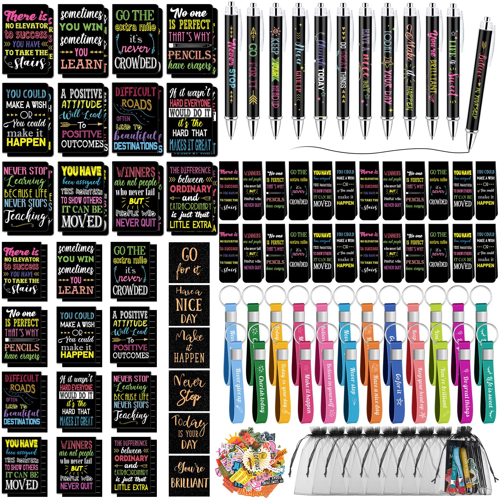 Pasimy 218 Pcs Inspirational Stationery Gifts Motivational Mini Notepad Pen Quote Bookmarks Stress Relief Stickers Inspiring Silicone Keychains for