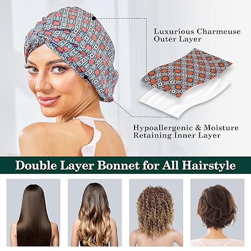 Miniatura 98 de Gorro de satén de seda ajustable para envolver el cabello para dormir, gorro de dormir de doble capa, turbante nocturno para cabello largo y rizado