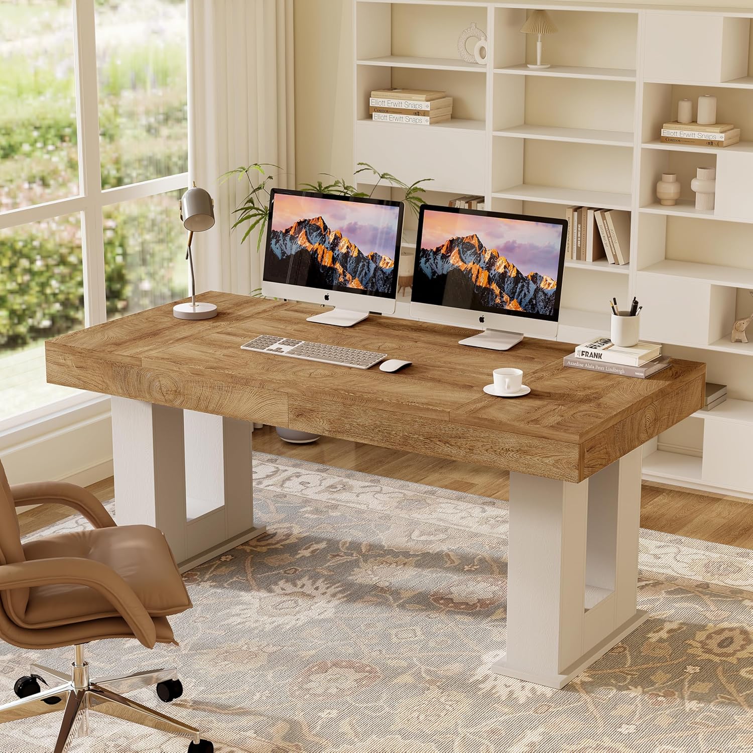 63 inch Executive Desk, Large Computer Desk with Spacious Desktop, Sturdy Wood Workstation Table for Home Office, Corporate Office, Conference Room Studio,White Oak