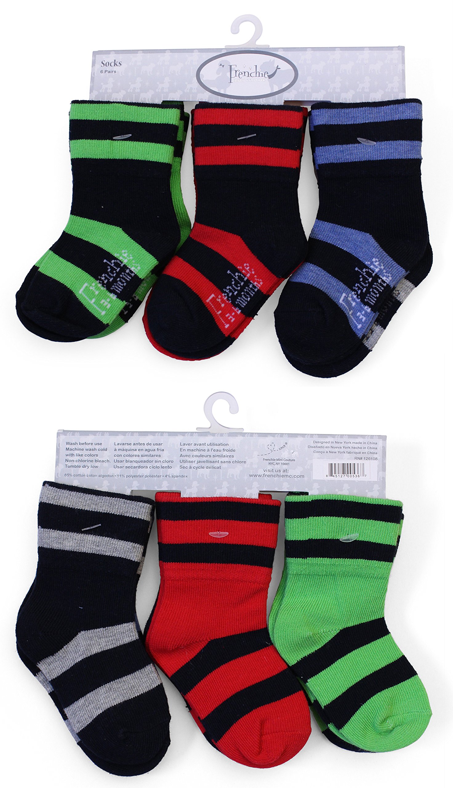 Frenchie Mini Couture 6 pack: Boys multi stripe socks - baby infant toddler. 85% cotton! 0-3 months.