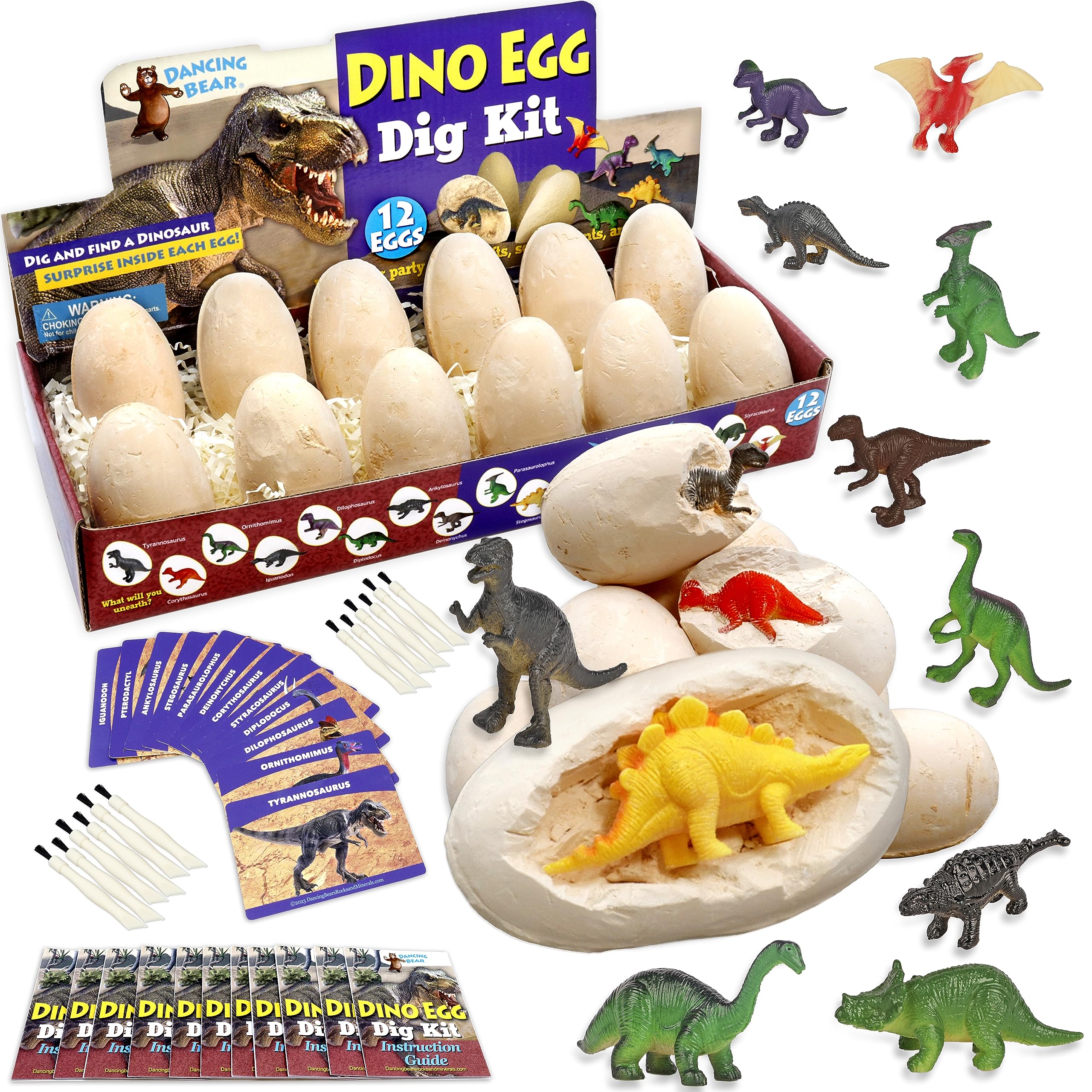 DANCING BEARDinosaur Egg Dig Kit Party Pack for 12 Kids, Excavate 12 Surprise Dinosaurs, Instruction Guides & ID Cards, Paleontology STEM Education, Fun Science Activity Gift Sets for Girls and Boys