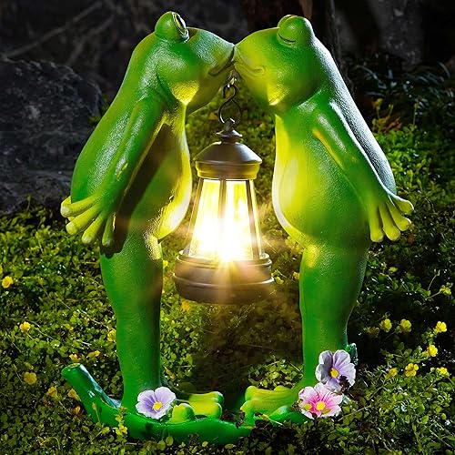 Miniatura 7 de Vereemy Estatua de ranas de beso para decoración de jardín, farol solar LED para decoración de exteriores, figuras para porche, patio, césped,