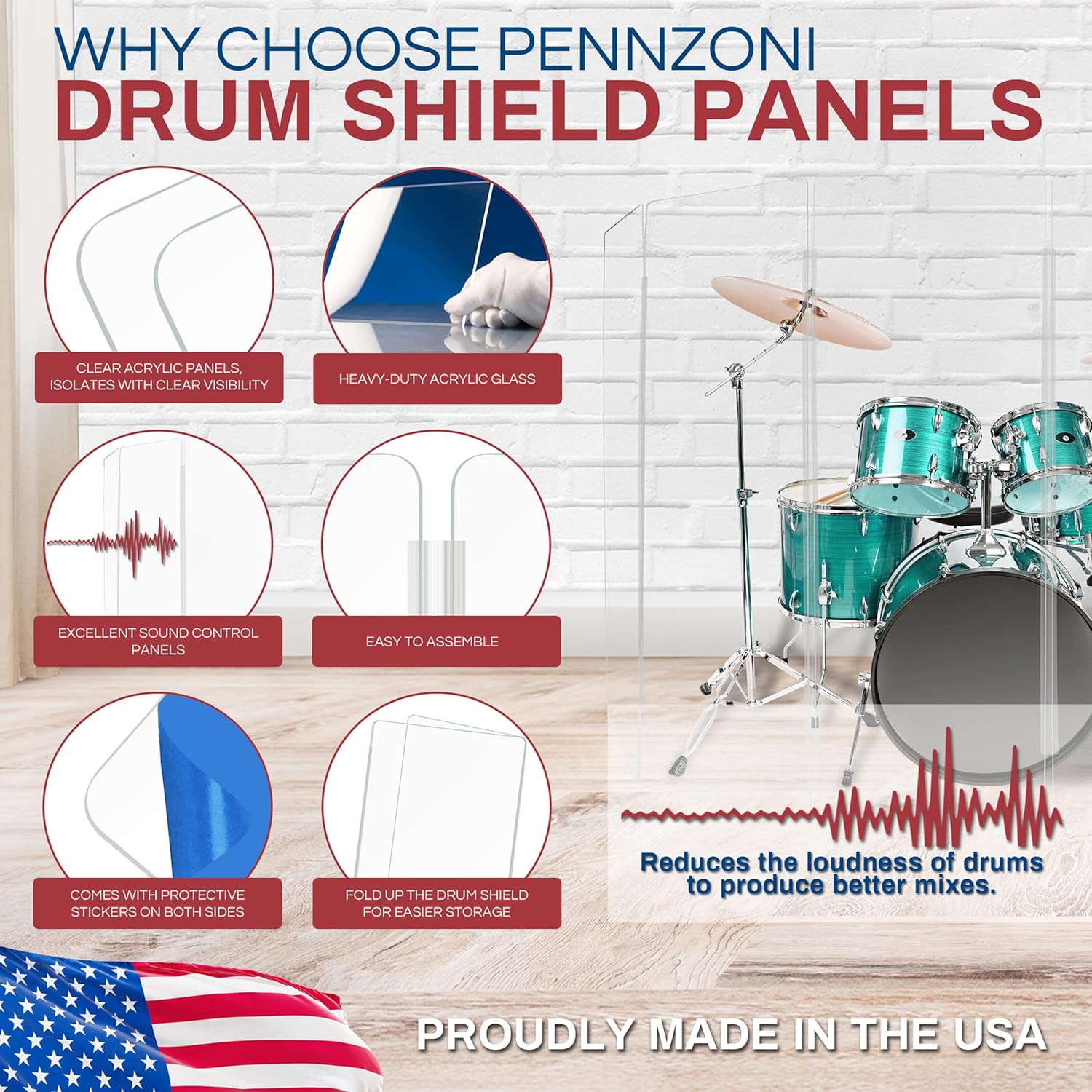 PENNZONI Drum Shield 6ft w/Plastic Hinges, Comes w/ 5 Drum Panels, & Plastic Hinges, Premium Clear Acrylic Panels, Drum Screen