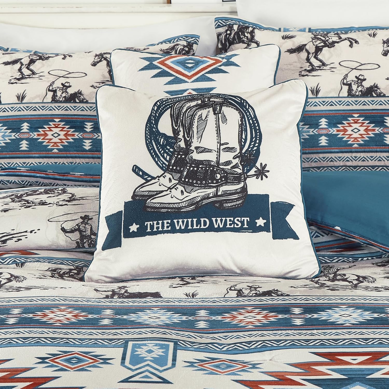WPM WORLD PRODUCTS MART 7 Piece Western Cowboy Bedding Set, Southwestern Aztec Pattern Velvet Comforter, Ranch Farmhouse Style Teal and Red Horse Riding Design (Queen) - Image 5