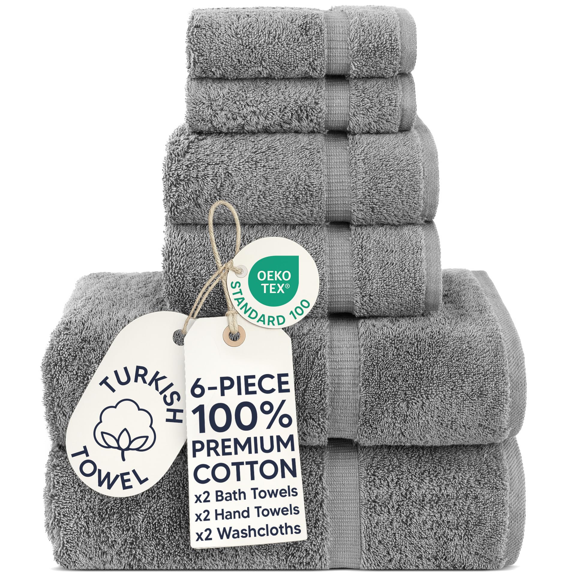 Chakir Turkish Linens Luxury Spa and Hotel Quality Premium Turkish Cotton 6-Piece Towel Set (2 x Bath Towels, 2 x Hand Towels, 2 x Washcloths, Gray)