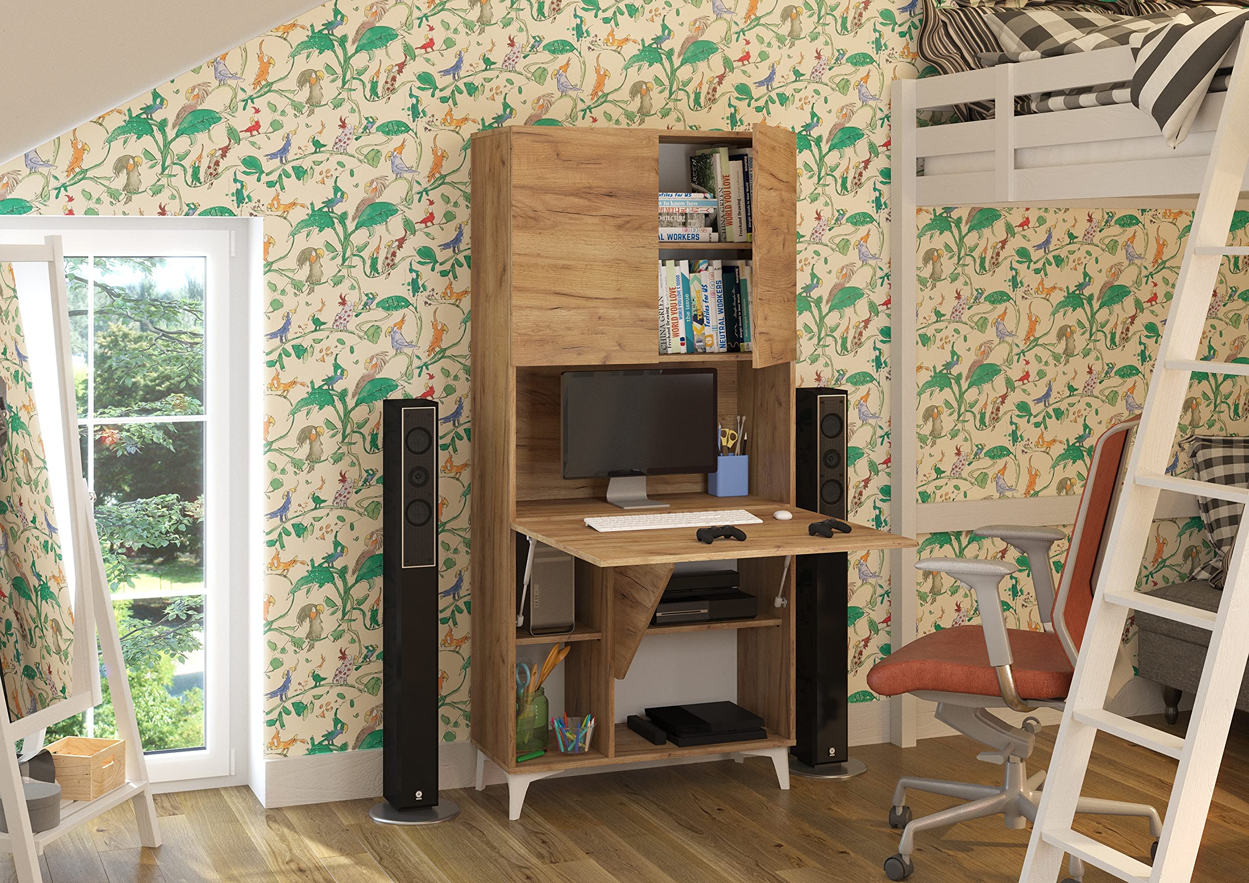 BIM Furniture Megan - Escritorio plegable (1 estante, oficina doméstica, mesa de pared, ordenador portátil, mesa plegable (artesanía dorada)