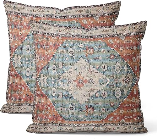 Juego de 2 fundas de almohada bohemias de 16 x 16 pulgadas, diseño de alfombra étnica para exteriores, decorativas, cuadradas, de lino y algodón,