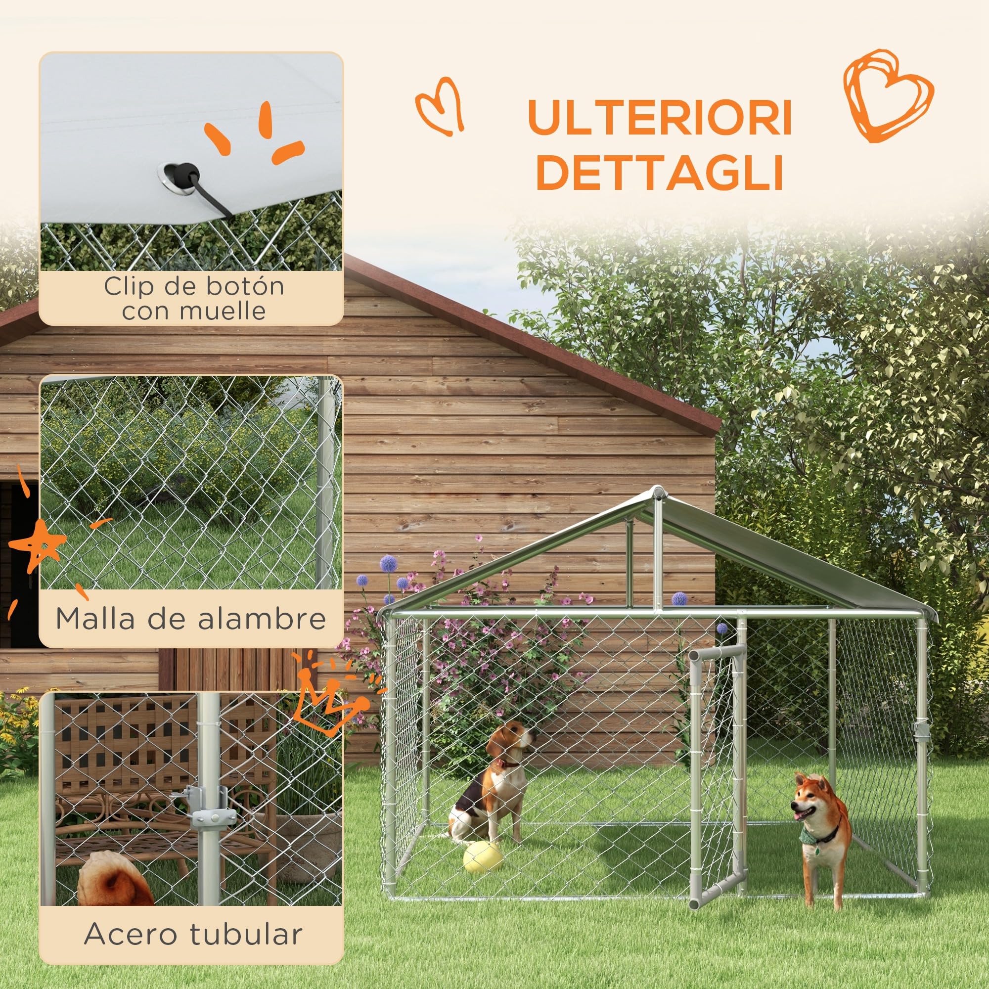 PawHut Kennel Grande per Cani da Esterno, 200x200x150cm, Argento e Grigio
