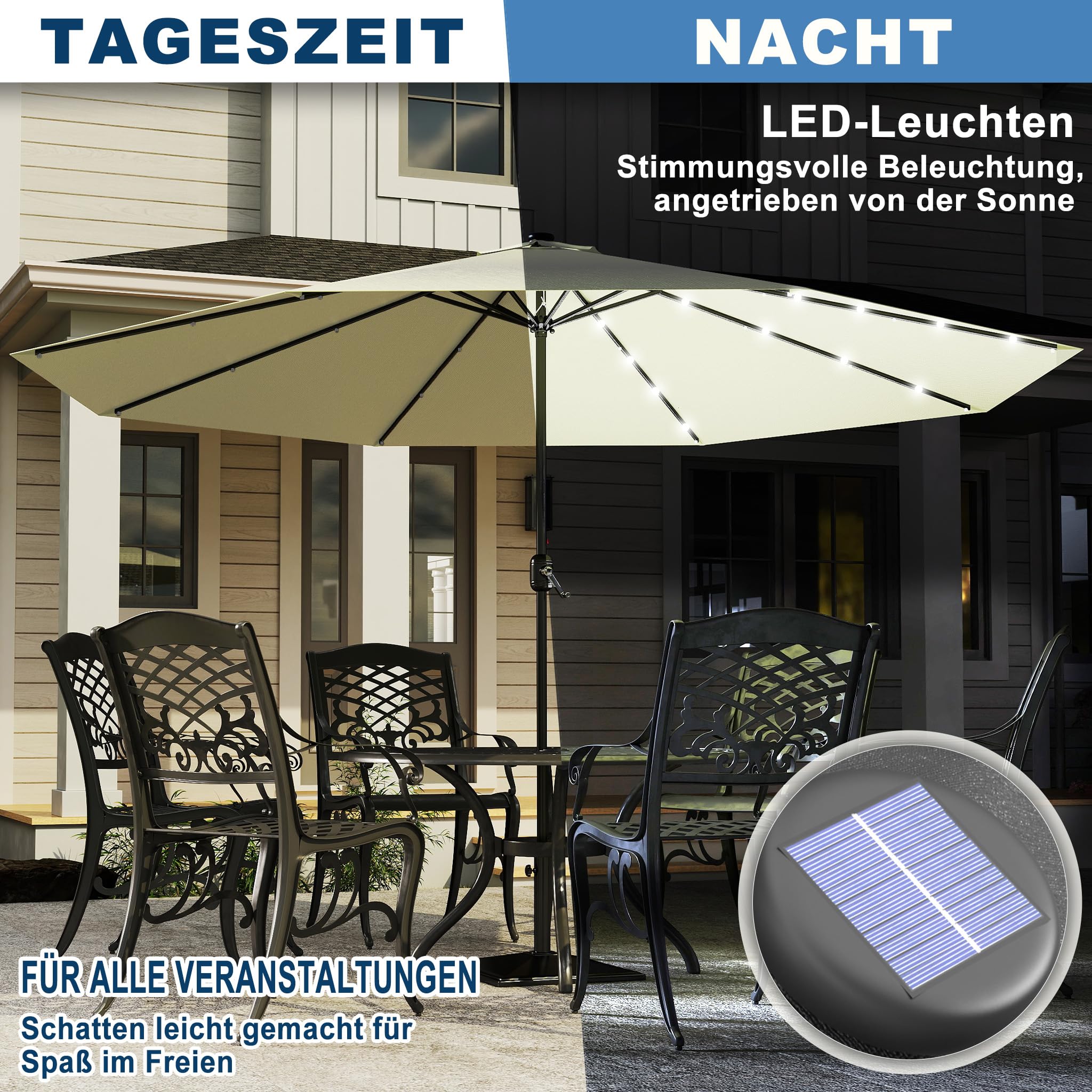 Froadp 350cm Ombrellone da Giardino con Manico Parasole in Alluminio Direzione di Inclinazione Regolabile Ombrello Ottagonale da Esterno Pieghevole per Balcone Terrazzo Spiaggia (Beige con LED)