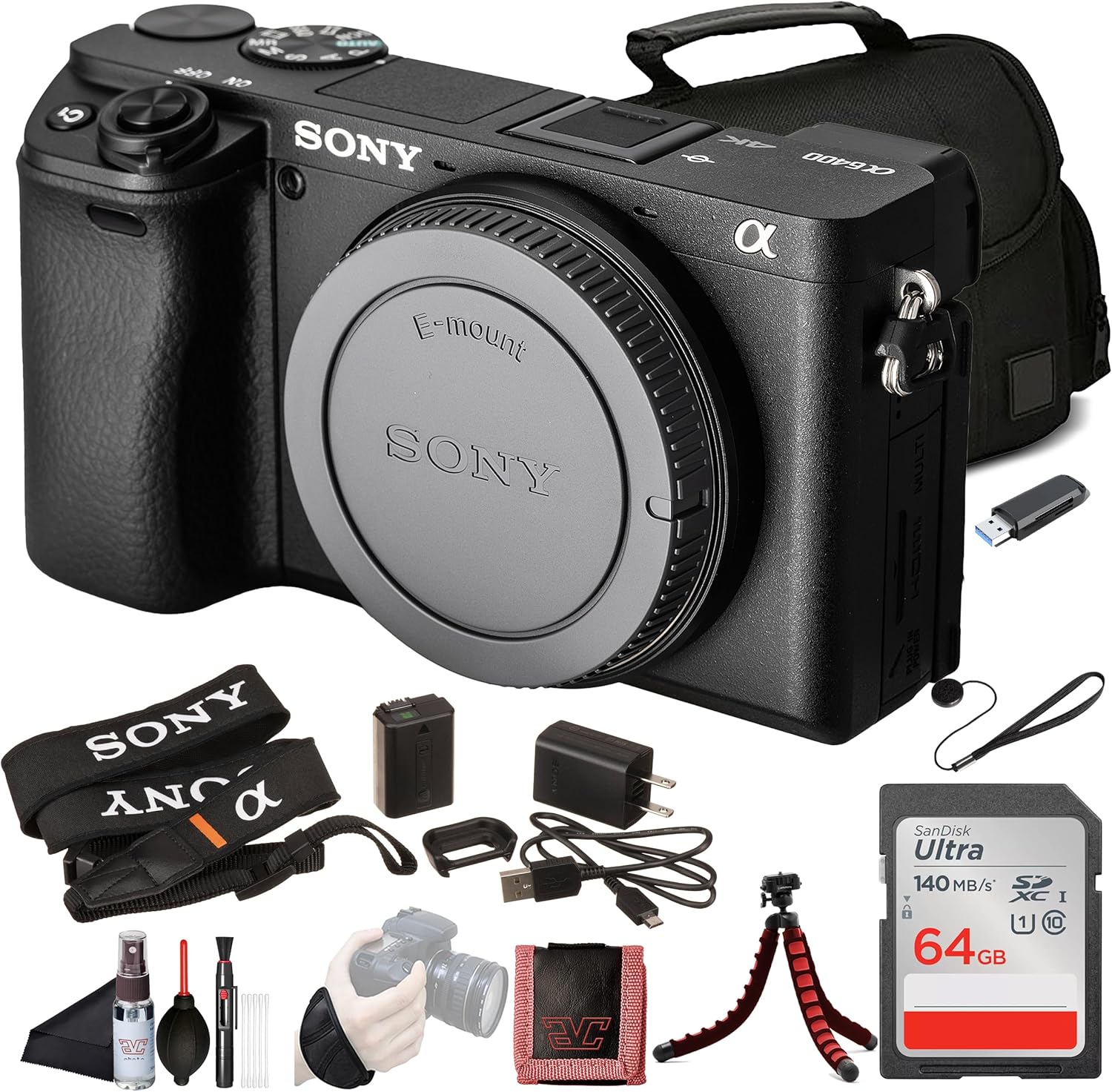 Sony α6400 APS-C Mirrorless Camera (ILCE-6400/B) – Real-Time Eye AF, 11 fps, 4K, Flip-Up Screen, Lightweight, Vlog-Friendly | 64GB Card, Case, Flex Tripod, Hand Strap, Memory Card Wallet and More