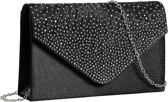 NiCoLa Women Envelope Clutch Bag Black Satin Clutch Bags, Evening Clutch Bags for Women, Clutch Bag Purse with Detachable Chain Strap for Wedding Prom Party