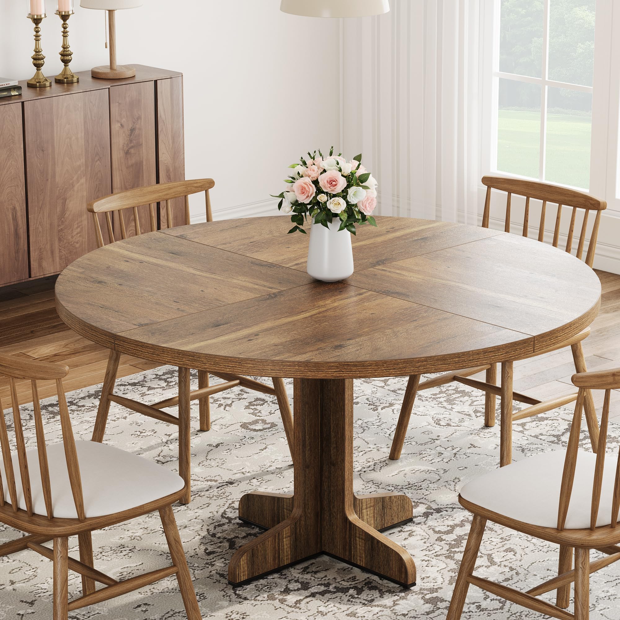 Round Dining Table, 120CM Wooden Kitchen Table for 4-6 People, Farmhouse Circle Dinner Tables with Wooden Tabletop and Legs, No Shaking Easy Assemble for Dining Room Kitchen Living Room - Phoebe nanmu