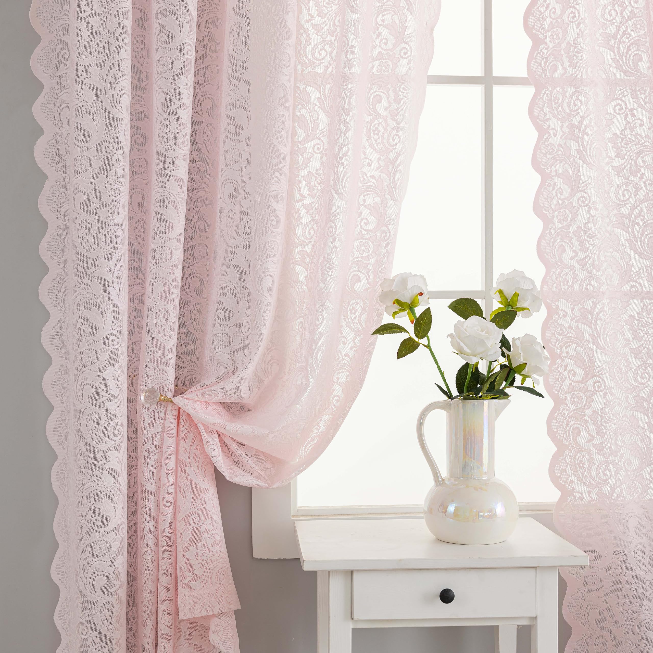 ALIGOGO Tende rosa per camera da letto delle ragazze, lunghezza 160 cm, 2 pannelli, eleganti tende a coquette in pizzo floreale per soggiorno, tende rosa per bagno, casa, ufficio, decorazione estetica