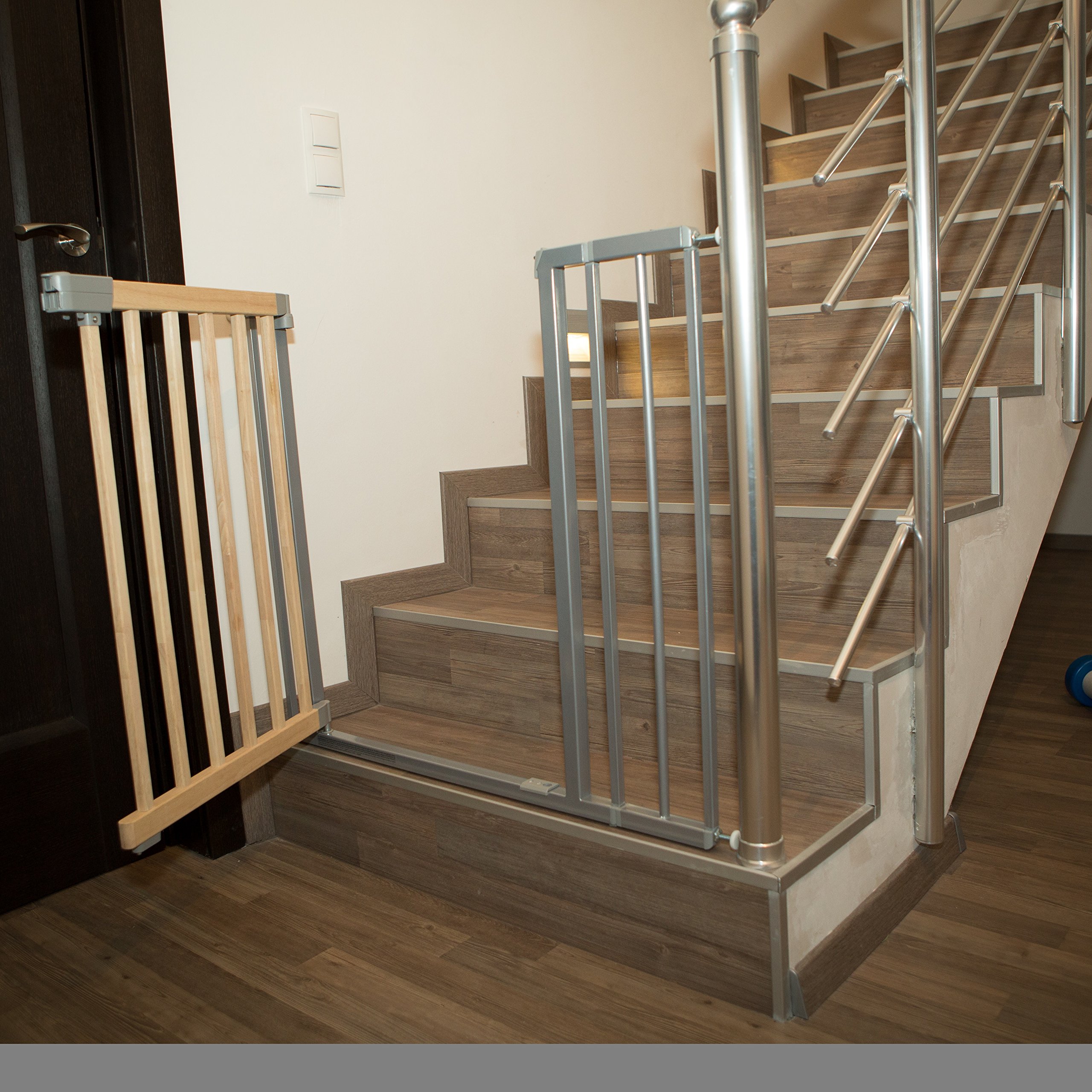 Cancelletto di sicurezza Lola 73-82,5cm, in legno e metallo, grigio (allungabile fino a 138,5cm)