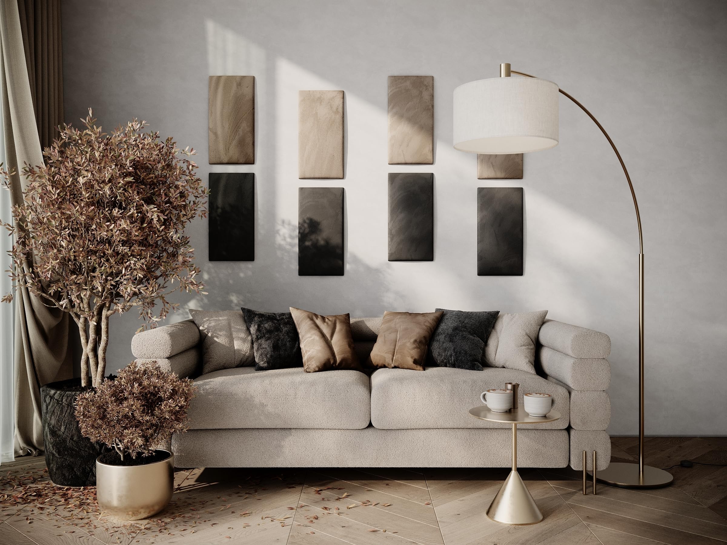 Pack de 2 paneles decorativos acústicos de terciopelo suave para paredes | Baldosas absorbentes de sonido, insonorizantes y reductoras de eco | Tablones suaves | [2x Rectangle (25x50cm) | Beige]