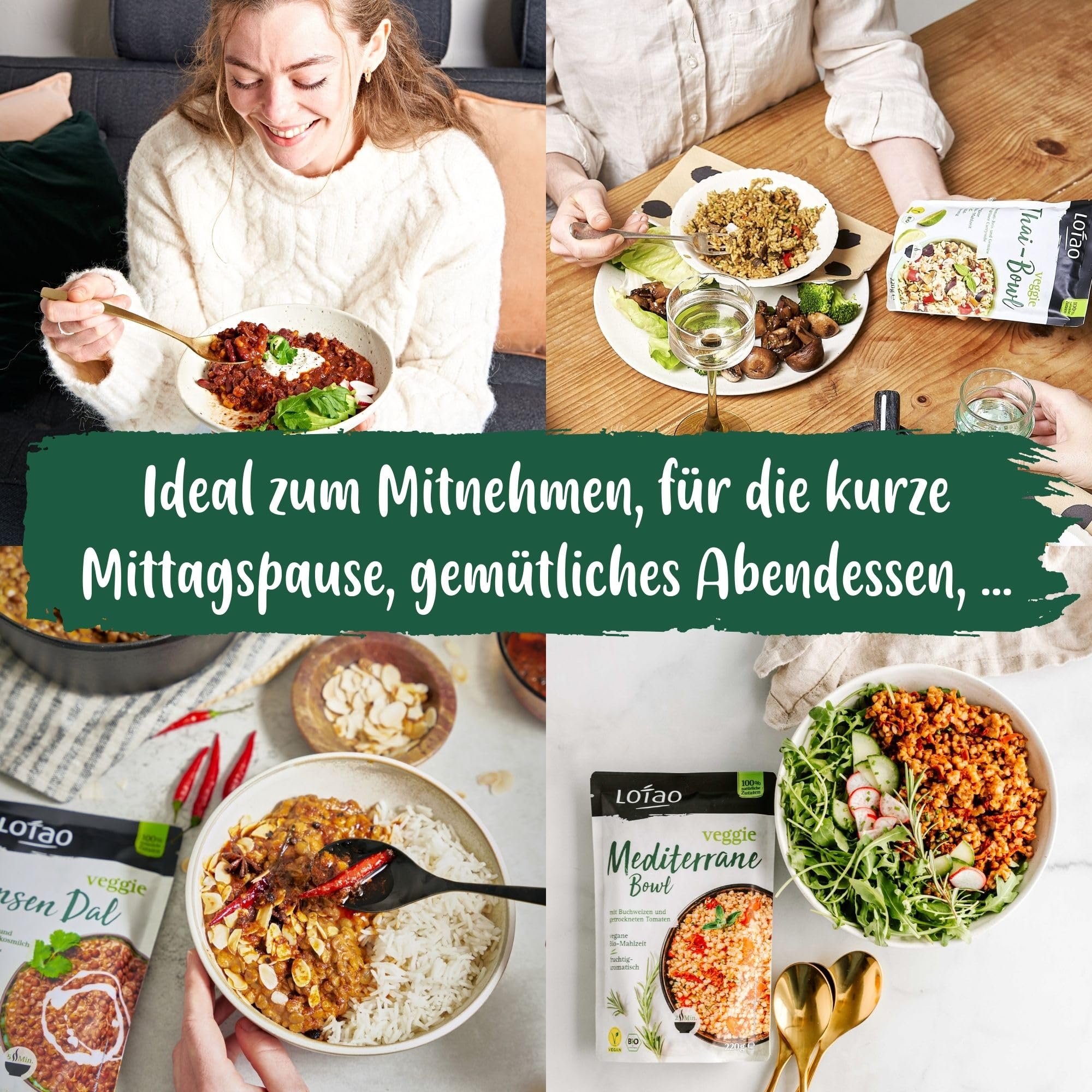 LOTAO Vegane Fertiggerichte - Bowl Box: 8 BIO-Gerichte ohne Zusätze und Soja | Schnell und praktisch: Fertigessen für Mikrowelle und Pfanne | Vegane Lebensmittel in Geschenkbox