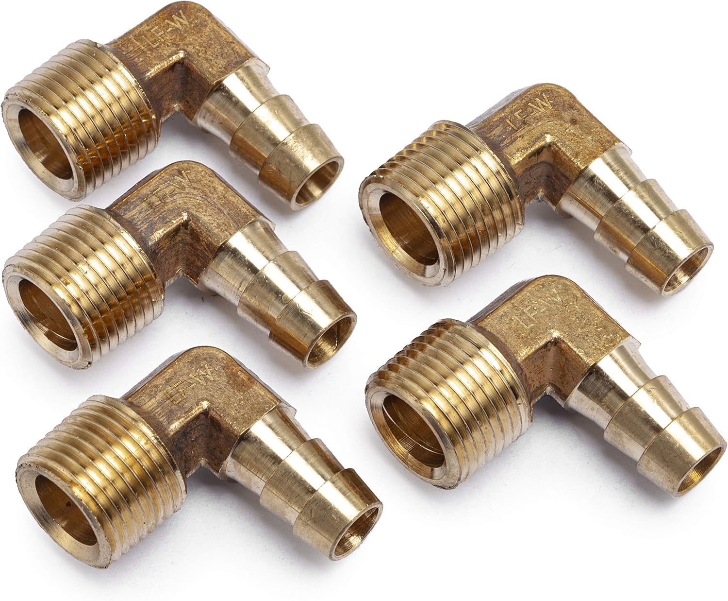 LTWFITTING No Lead 90 Deg Elbow Brass Barb Fitting 3/8" Hose Barb x 3/8" Male NPT Thread Fuel Boat Water (Pack of 5)