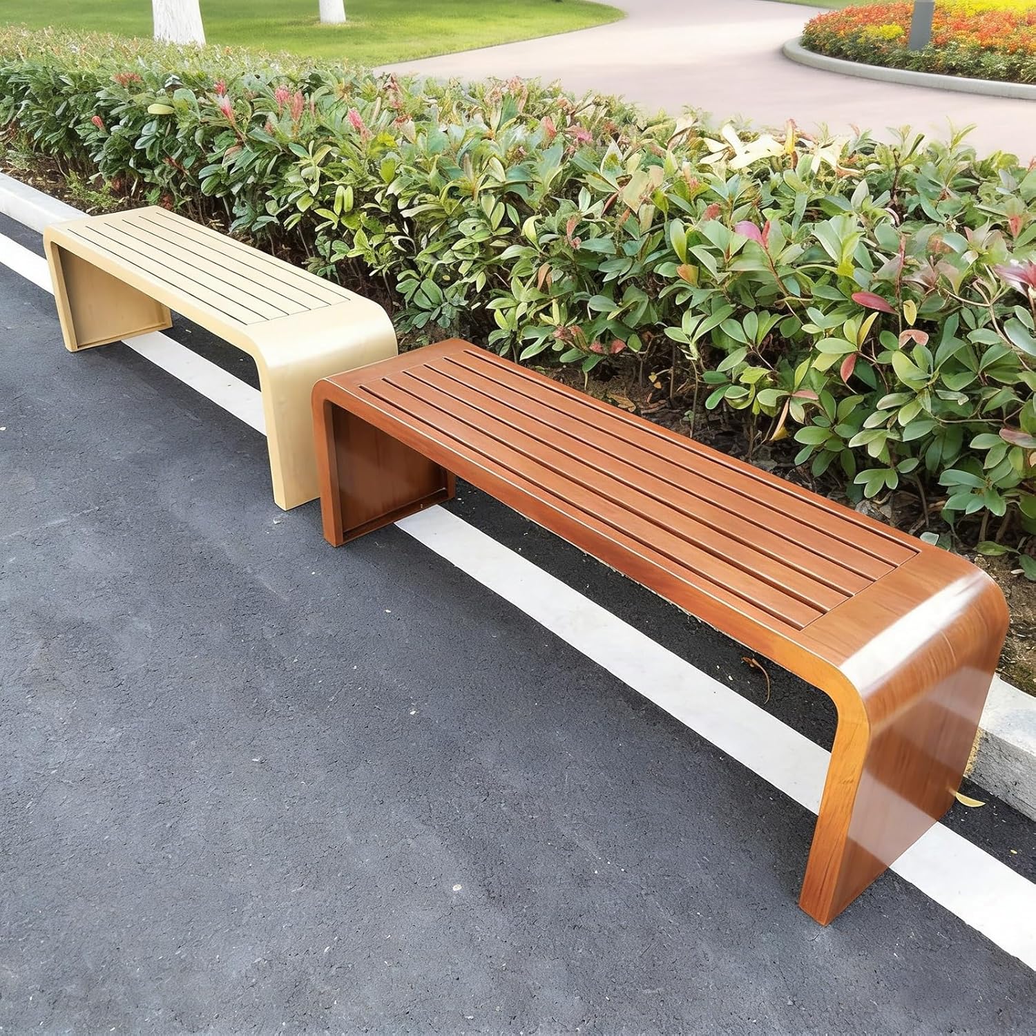 Heavy-Duty Metal Outdoor Bench 660lbs Capacity, Backless Park Seating, No Assembly Required, Ideal for Garden, Porch, Patio - Brown, 100x40x45cm