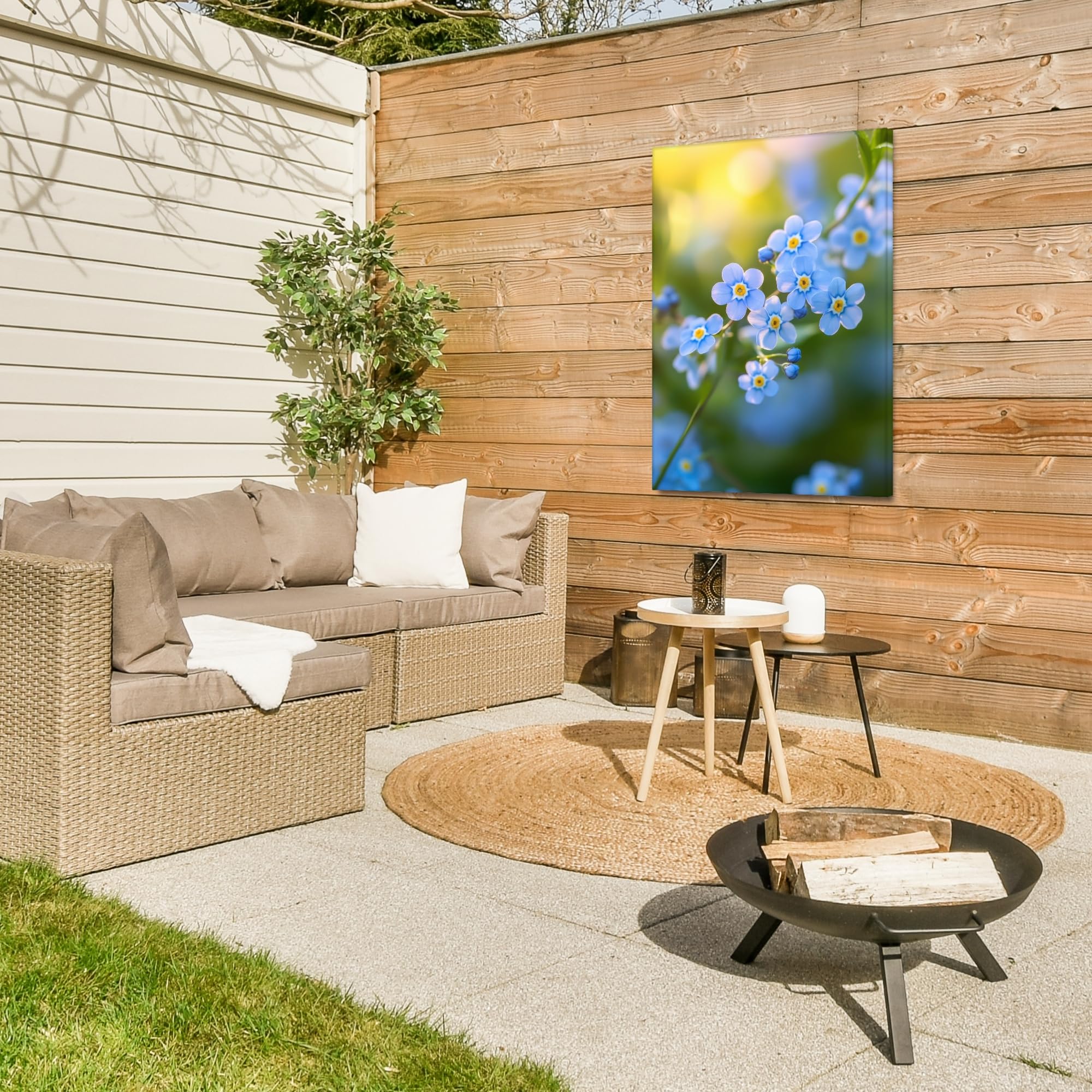 Gartenbild 80x120 cm Outdoor Deko Garten Leinwand Modern Wandbild Wetterfest Kunstdruck Terrasse Geschenke Draußen Blumen - Blau - Vergissmeinnicht