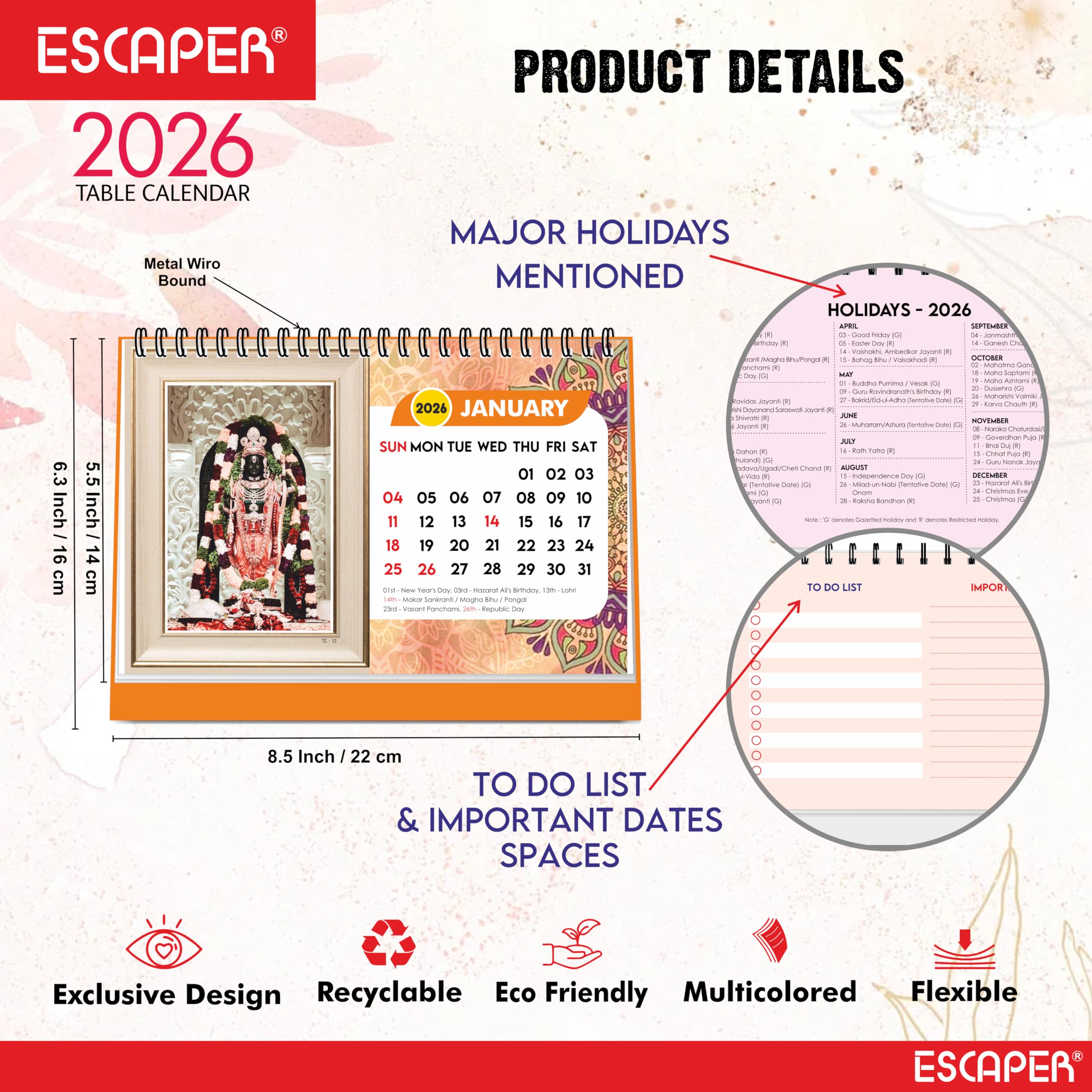 ESCAPER Tischkalender 2026 Hindu-Götter (A5) - Lord Ram, Lord Hanuman, Laddu Gopal & Lord Ganesha Tischkalender, spiritueller & religiöser Tischkalender für Zuhause & Büro