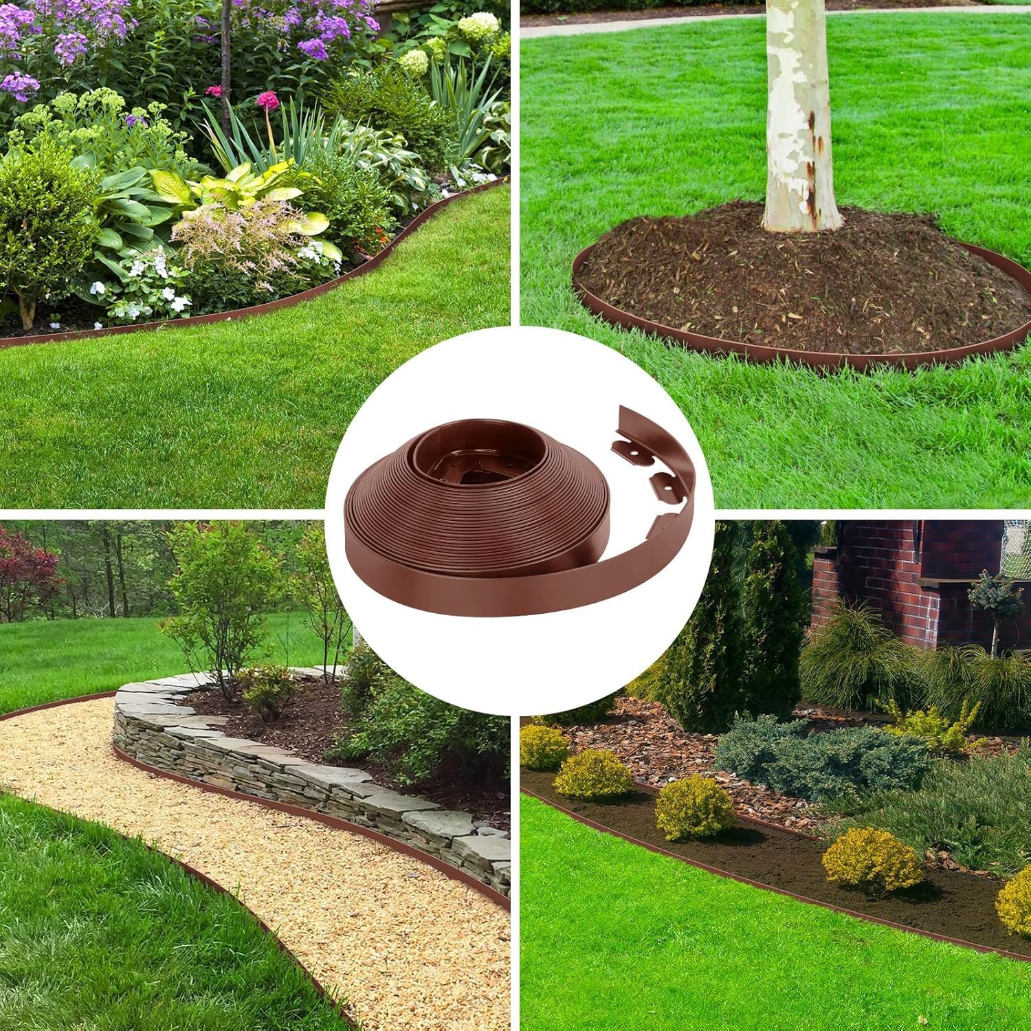 Borde Separador Jardín, Césped Borde, Separador de Piedras, Flexible de Plástico, Longitud 10 m, Altura 5 cm, con Clavijas de sujeccion, Marrón, Negro o Verde. (Marron)
