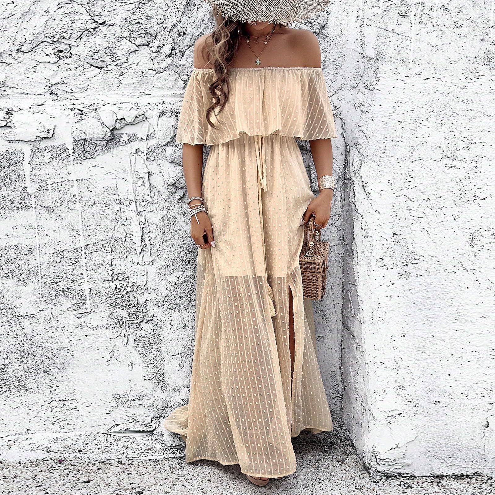 Schulterfreies Kleid Damen Sommer Elegant Sommerkleid Lang A-Linien Maxikleider Mit Schlitz Sommerkleider Leicht Und Luftig Boho Kleider Maxi Mit Gürtel Strandkleid Off Shoulder Mit Ärmeln