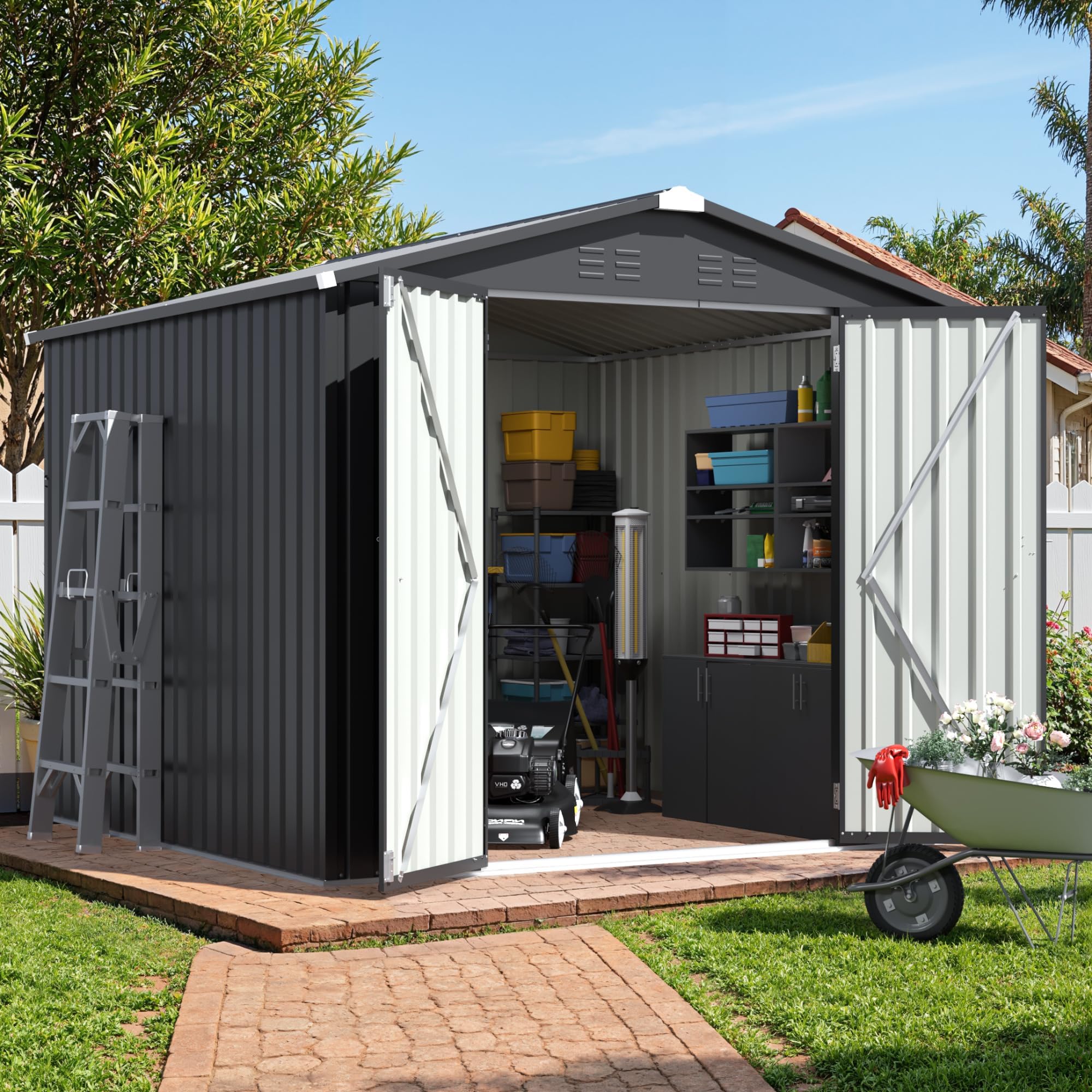 JUMMICO 8x8 FT Outdoor Storage Shed, Tool Metal Sheds, Black