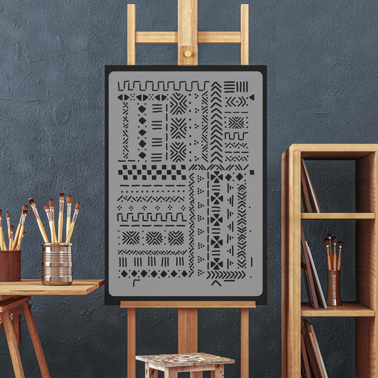 NAKLEO Wall Painting Stencil Large Size, 23,2”x37,4” Mali Mudcloth African Boho Reusable Plastic Template, Geometric Pattern Wallpaper, DIY Home Decor Craft Wood Floor Furniture