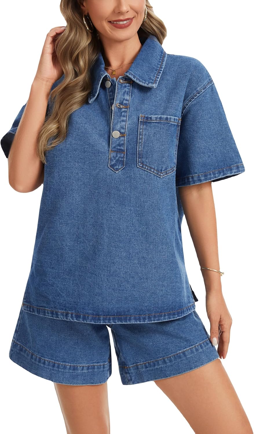 Ladyful Womens Summer Denim Sets Two Piece Outfits Short Sleeve Jean Shirt Top and High Waist Denim Shorts Sets