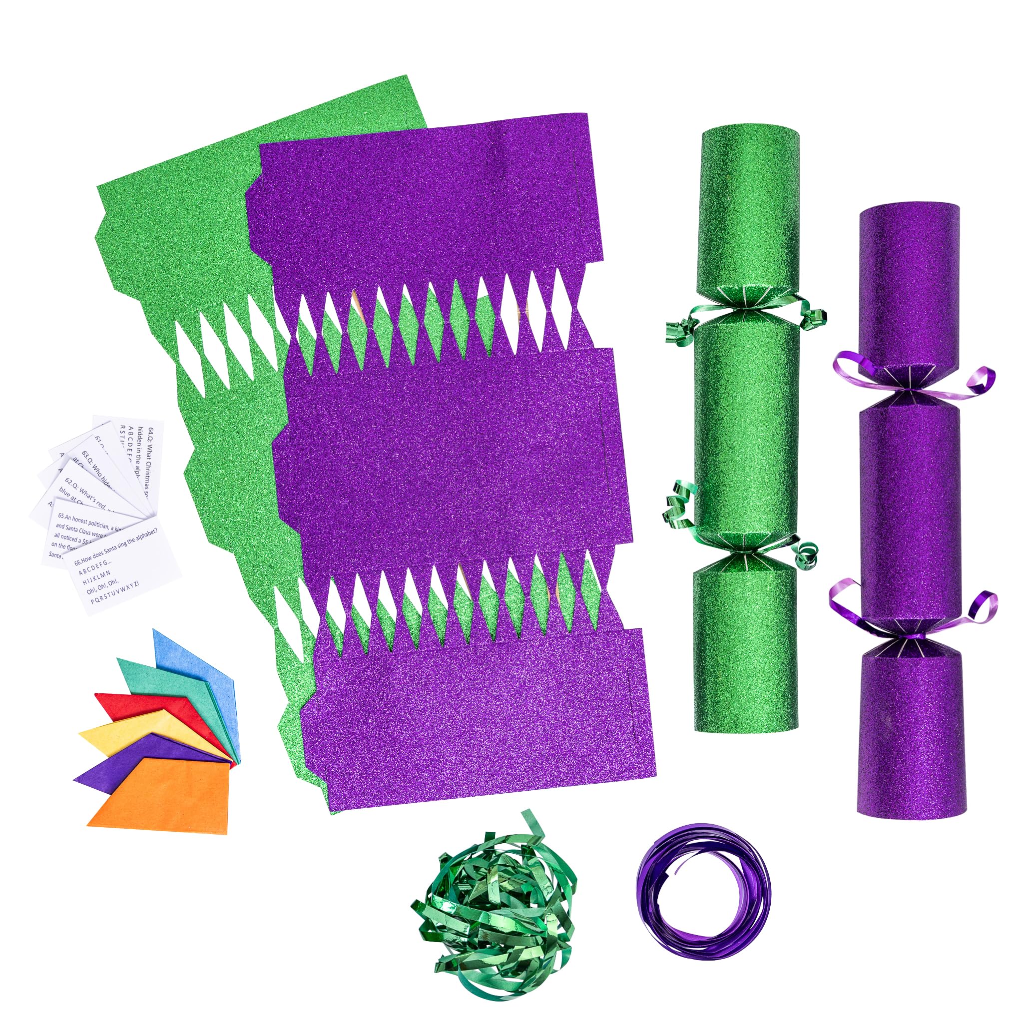 Evelay Purple, Green 12 Make Your Own Christmas Cracker Kit Diy Purple & Green Glitter Crackers Hats Snaps Jokes (Purple, Green)