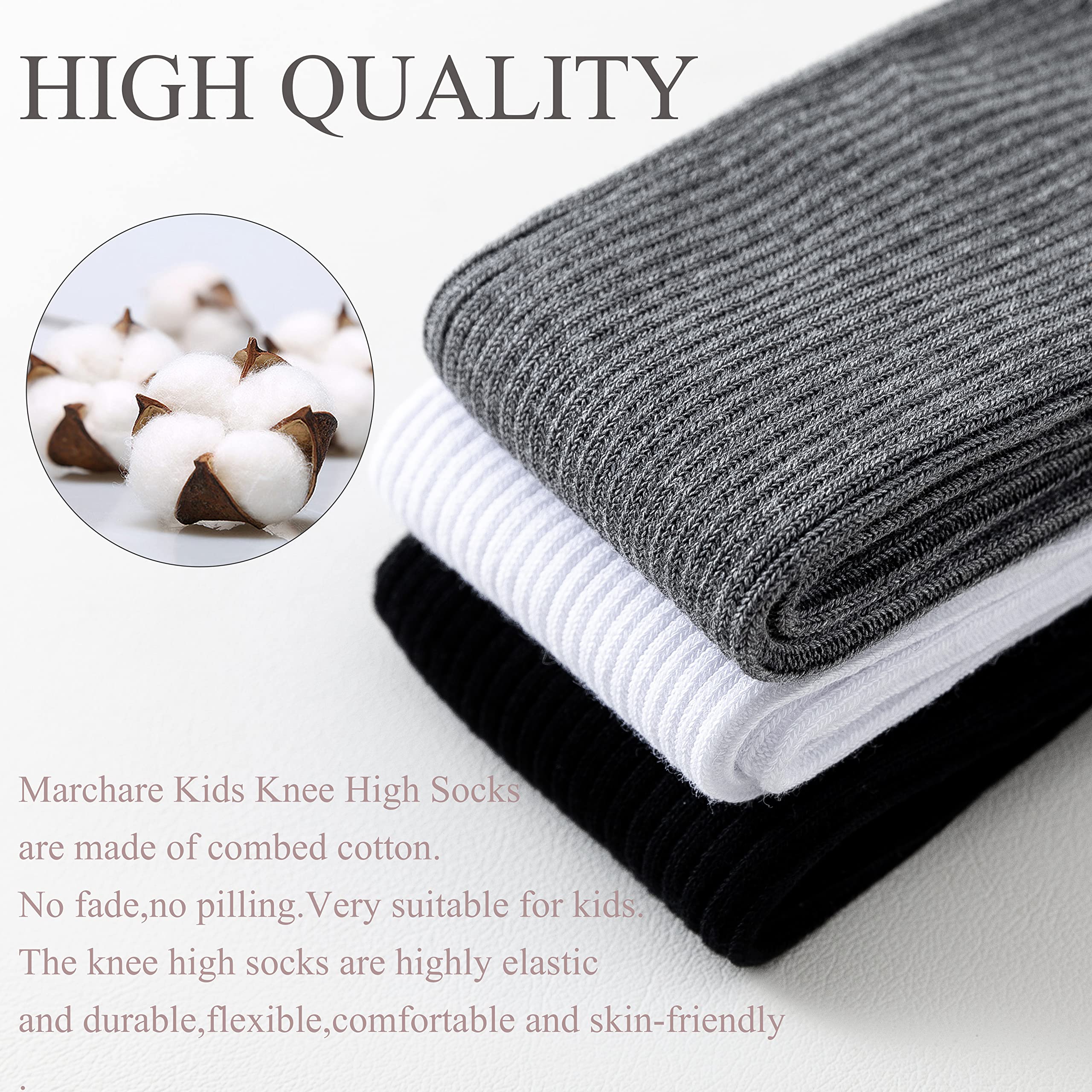 Marchare Mädchen Kniestrümpfe Kinder Jungen Schuluniform nahtlose Baumwollsocken Strümpfe Weiß Schwarz Grau 3/6er Pack