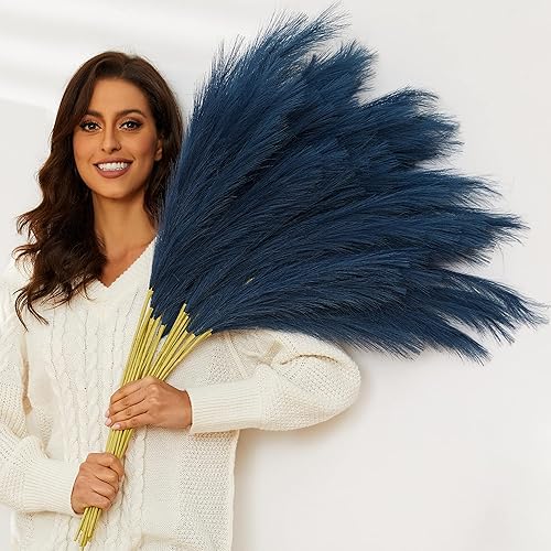 Hierba azul de las pampas, 9 pompas artificiales florales esponjosas de 37 pulgadas 3.1 pies de alto, ramas de césped sintético grandes para