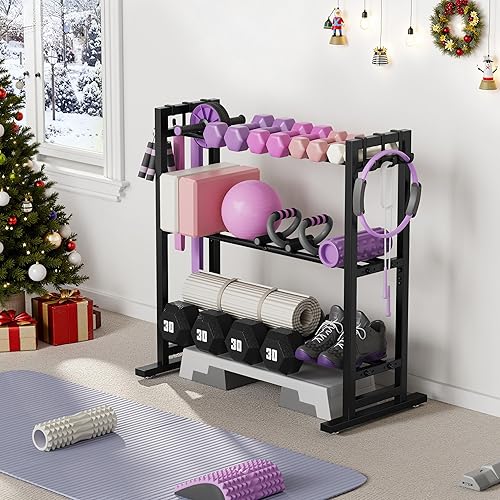 Miniatura 3 de niffgaff Estante ajustable para mancuernas de 3 niveles con ganchos, almacenamiento de peso base extendido para gimnasio en casa, soporta hasta 450