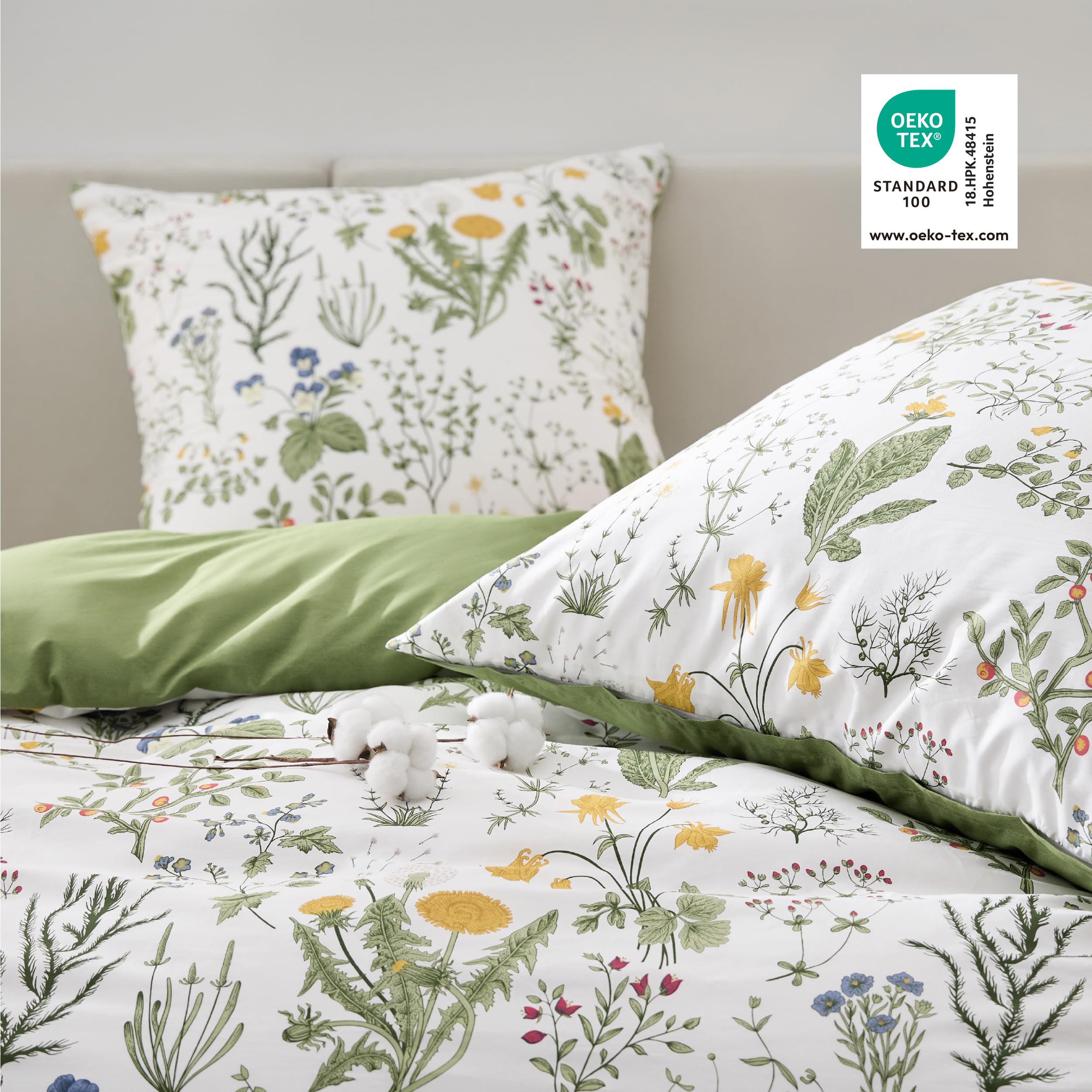 BEDSURE Juego de ropa de cama reversible de algodón, 155 x 220 cm, funda nórdica de 3 piezas con 2 fundas de almohada de 80 x 80 cm, color verde salvia, diseño de flores, con cremallera