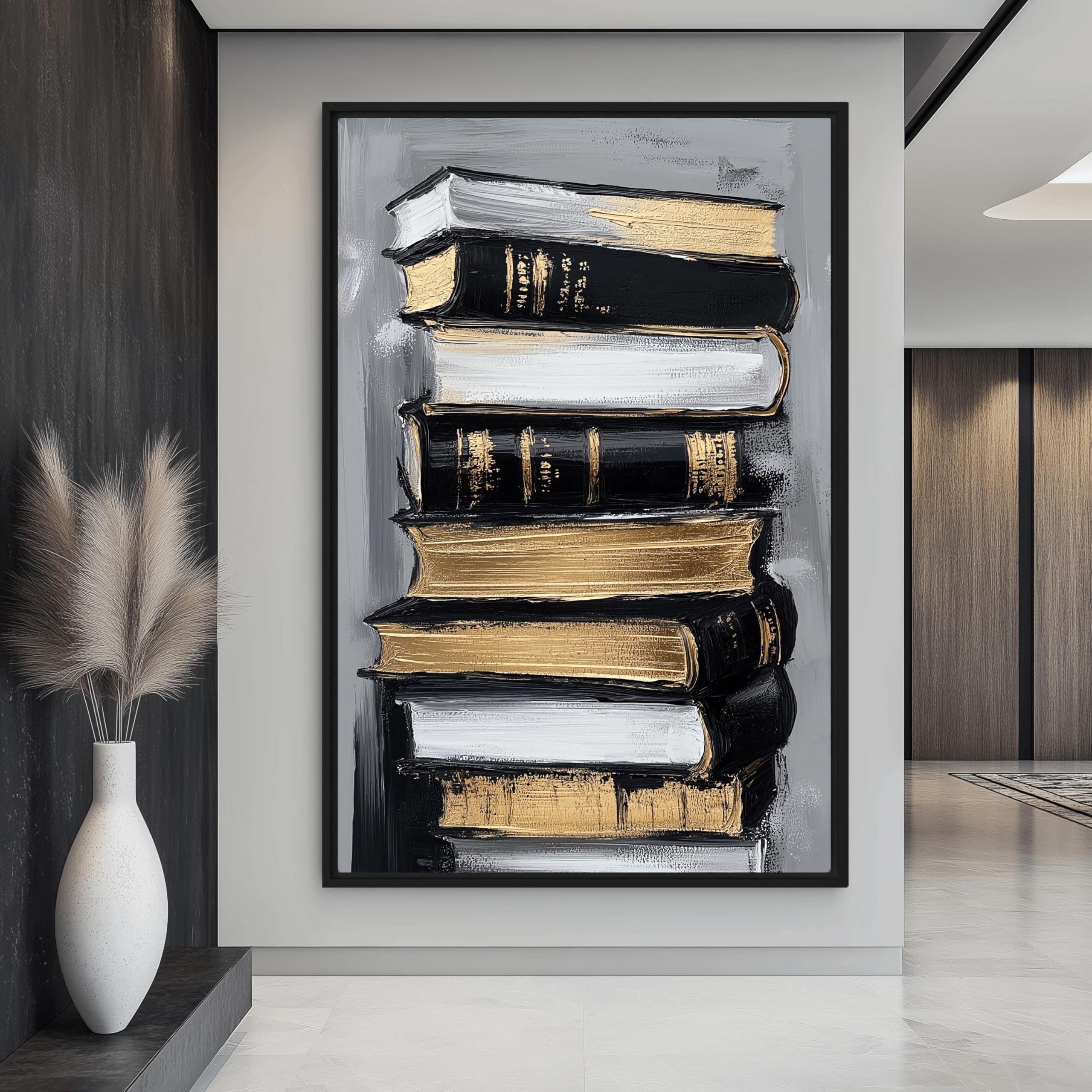 TONGYINLI Cuadro abstracto de libros pintado al óleo sobre lienzo: Póster impreso de pila de libros, cuadros de pared en negro y dorado para la decoración del hogar (80x120cm/marco interno)