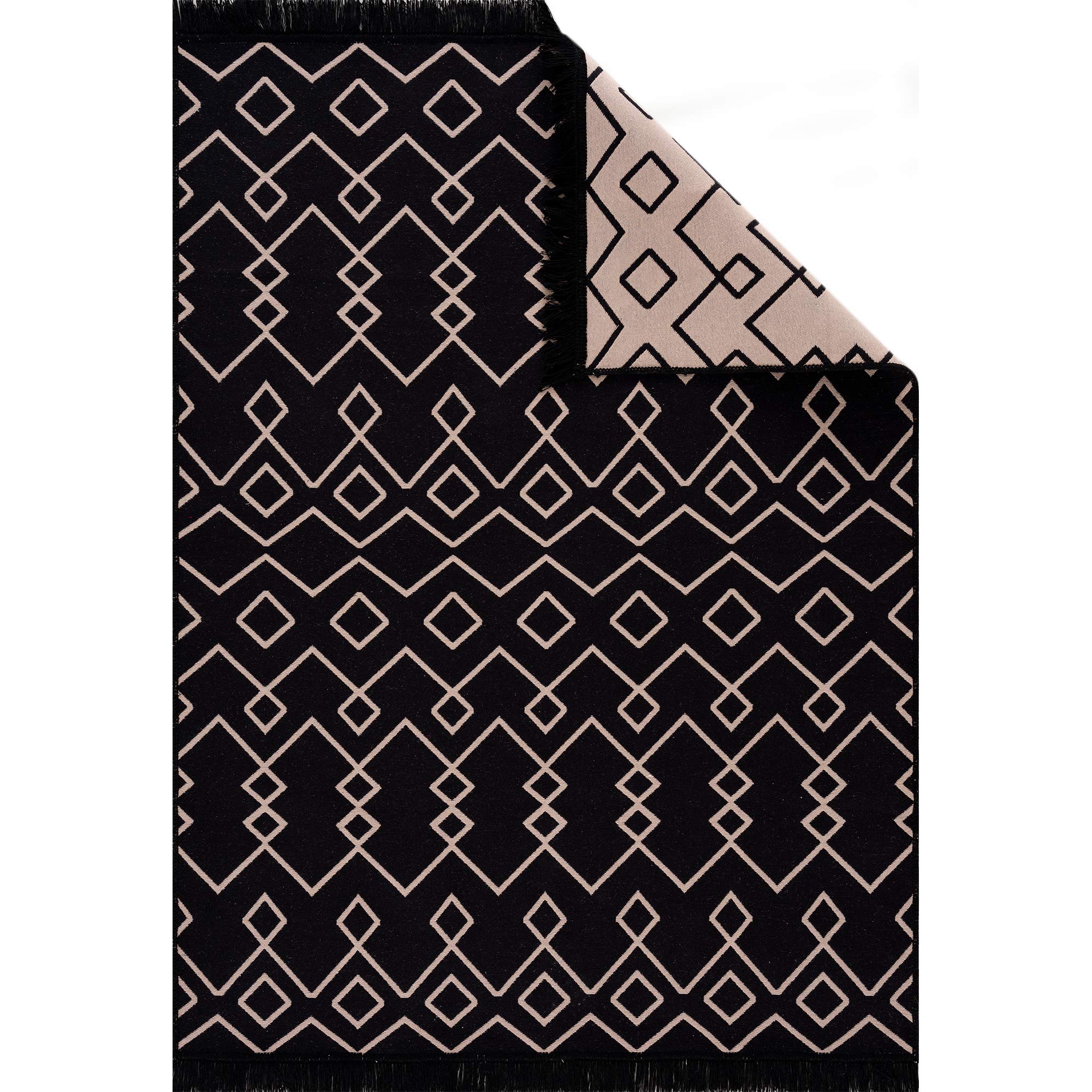 Fashion4Home Rug Runner for Living Room, Bedroom, Kitchen, Children's Room, Bathroom, Boho Kilim Rugs, Hallway Rug, Black/Beige, Size: 120 x 170 cm