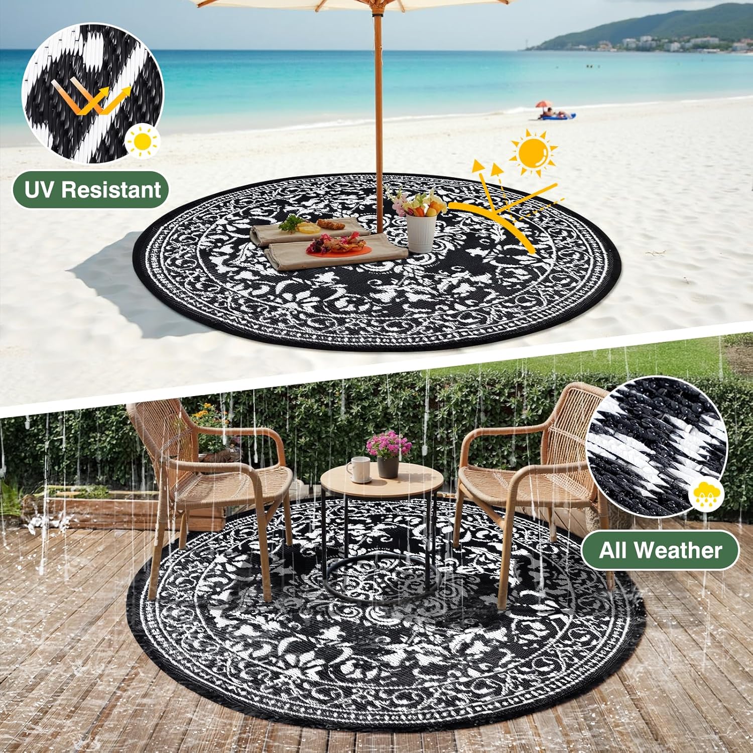 nesrt Round Outdoor Rug 6 Ft Patio Waterproof, Vintage Reversible Plastic Straw Rugs for RV Camping, Foldable Outside Outdoor Carpet Mat for Deck Backyard Picnic Beach Porch (Black & White)