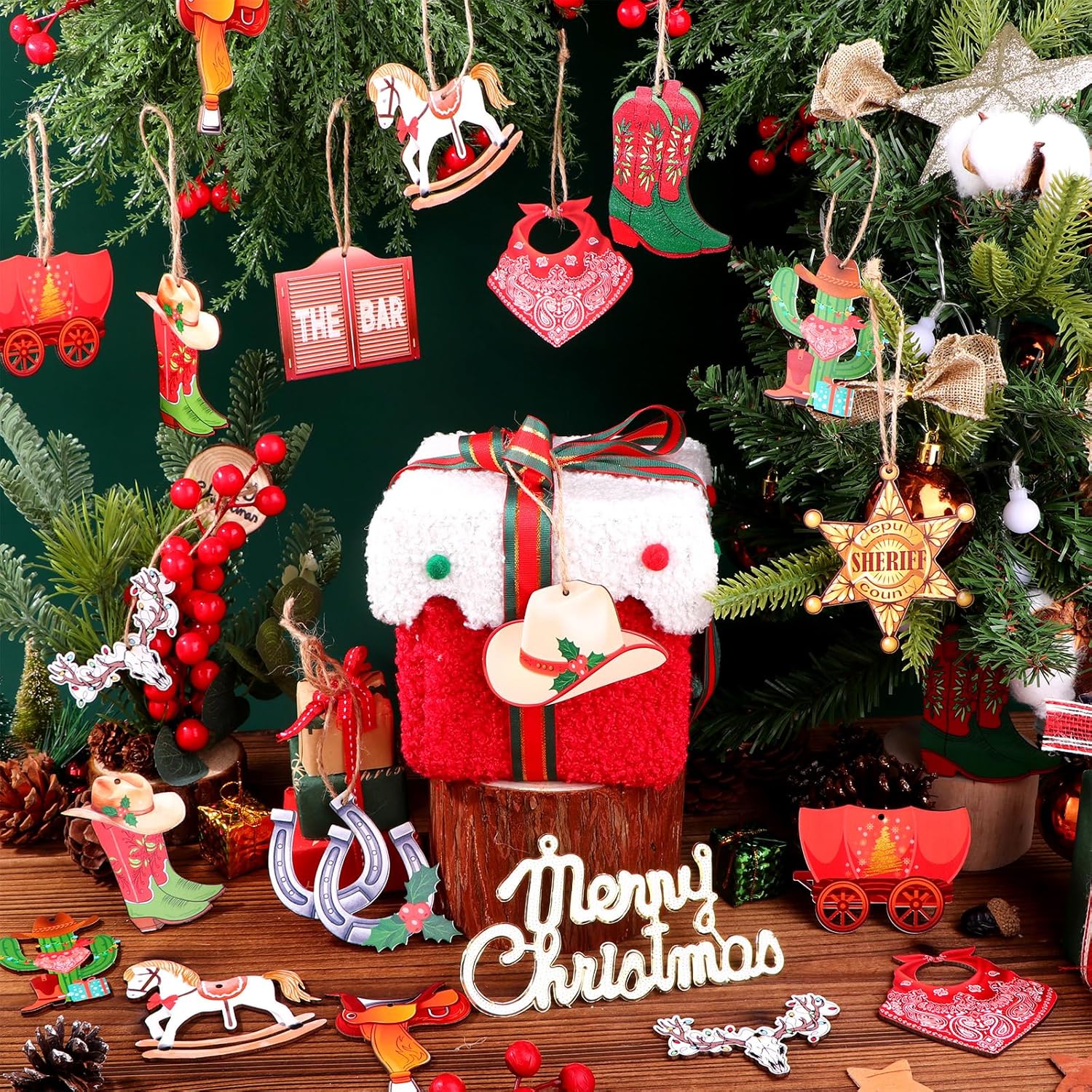 36 Pcs Western Christmas Ornaments Cowboy Christmas Tree Ornaments Wooden Hat Boot Cactus Horse Cattle Hanging Decorations Western Theme Party Decor for Shelf Table Tree Party Indoor - Image 7