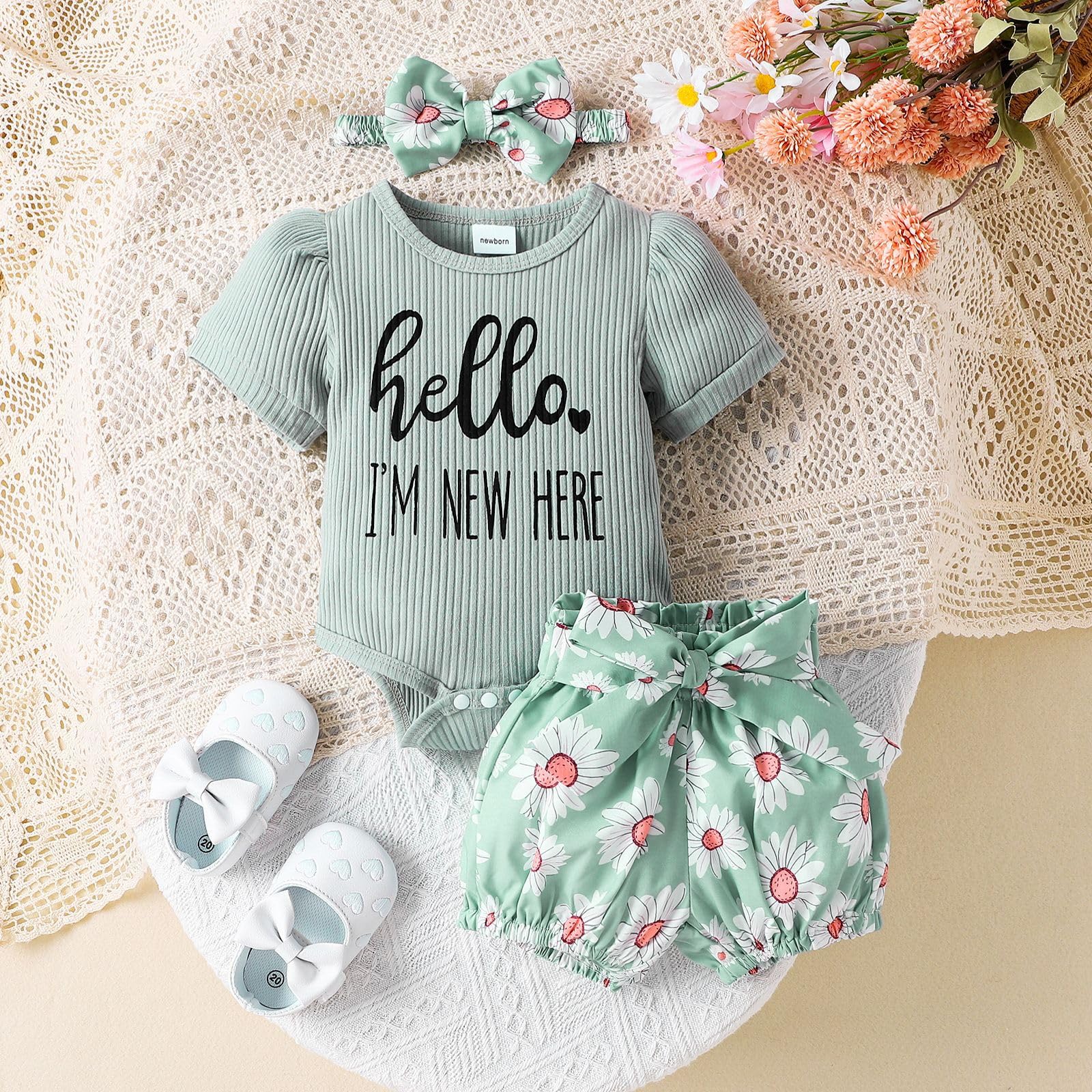 Adokioths Newborn Baby Girl Summer Clothes Infant Short Sleeve Letter Print Romper Bloomer Shorts Headband 3Pcs Cute Outfits (0-3 Months,Green)