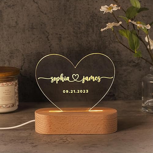 Miniatura 7 de Regalos personalizados para parejas luz nocturna romántica en forma de corazón, 2 diseños personalizados con nombre, texto y fecha - D2