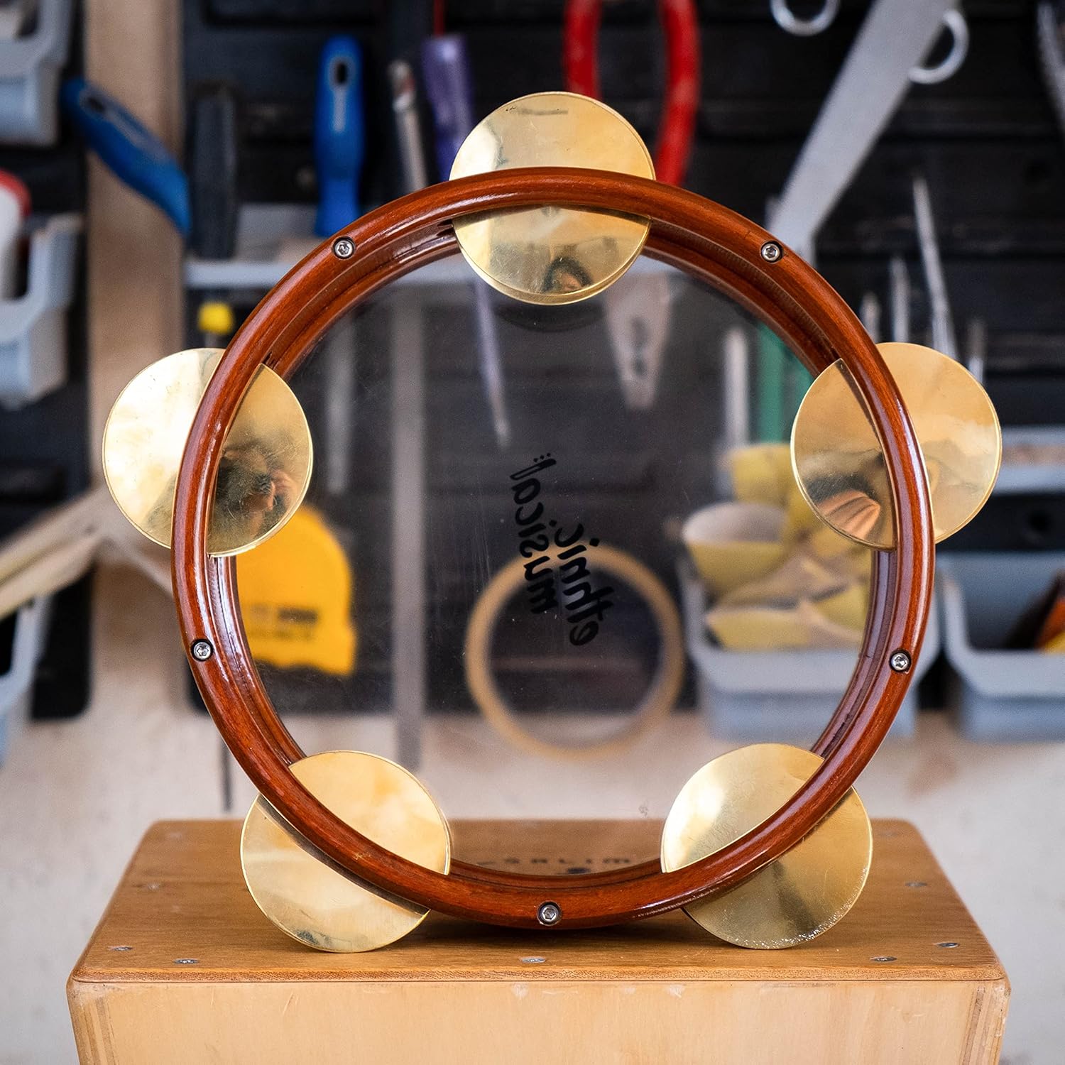 Professional Riq Riqq Transparent Skin Brass Cymbals & Internal Tuning JAM-201 Tambourine With case