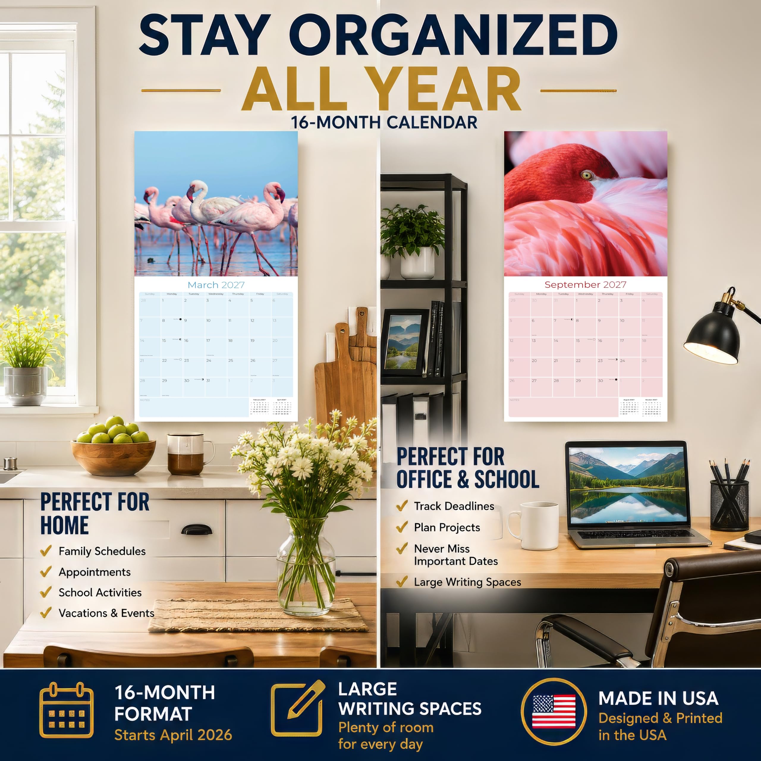 Flamingo Calendar 2021-2022 – Calendario mensual de pared con pájaros de animales – Hecho en Estados Unidos – 12 x 24 (abierto) – Calendario planificador para organizar y planificar