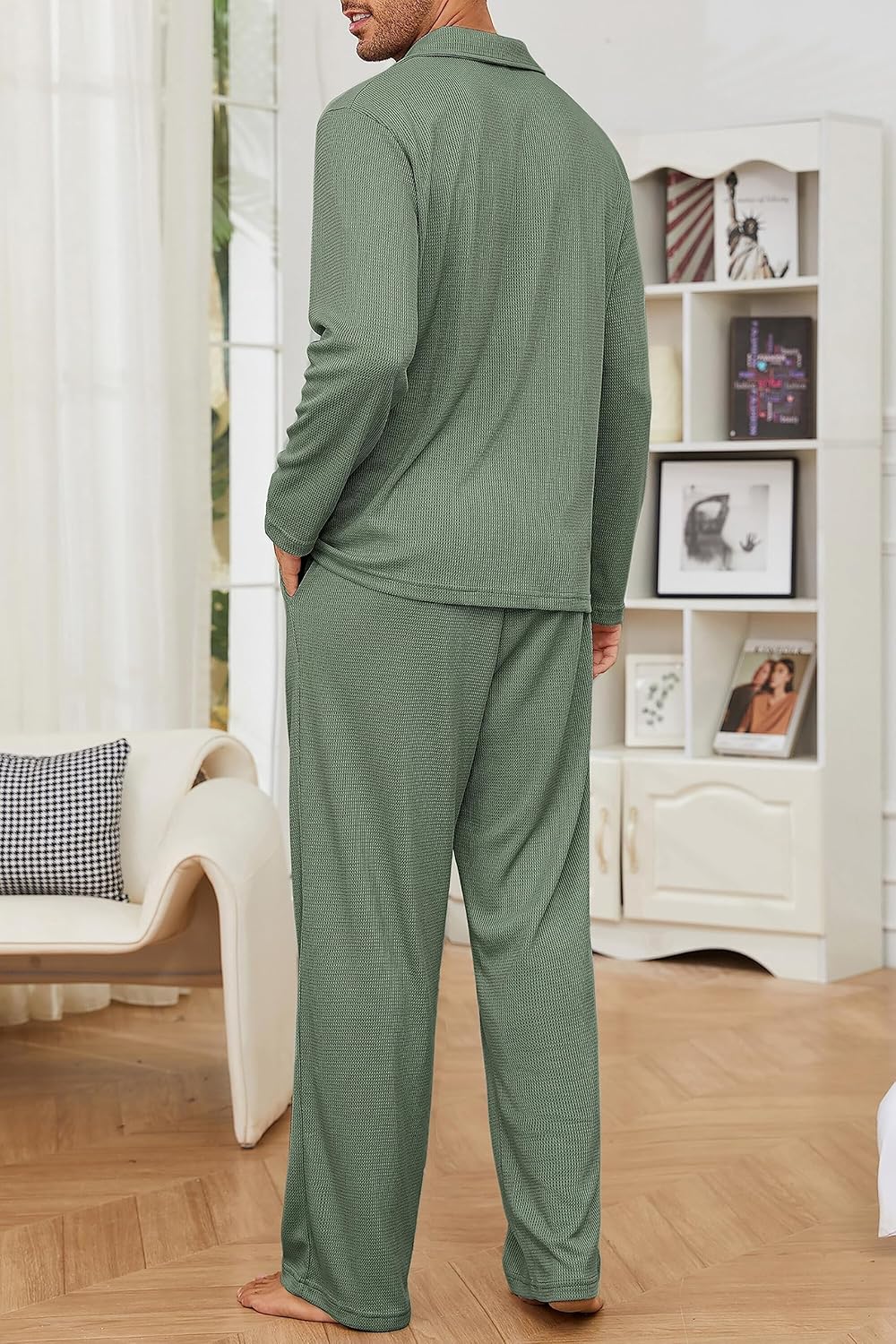 Andeip Men's Pajama Set Waffle Knit Lounge Pjs Set Long Sleeve Top and Pants Sleepwear 2 Piece Button Down Loungewear - Image 6