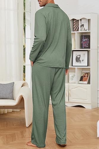 Miniatura 6 de Andeip Conjunto de pijama de punto gofre para hombre, conjunto de pijama de manga larga y pantalones, ropa de dormir de 2 piezas con botones