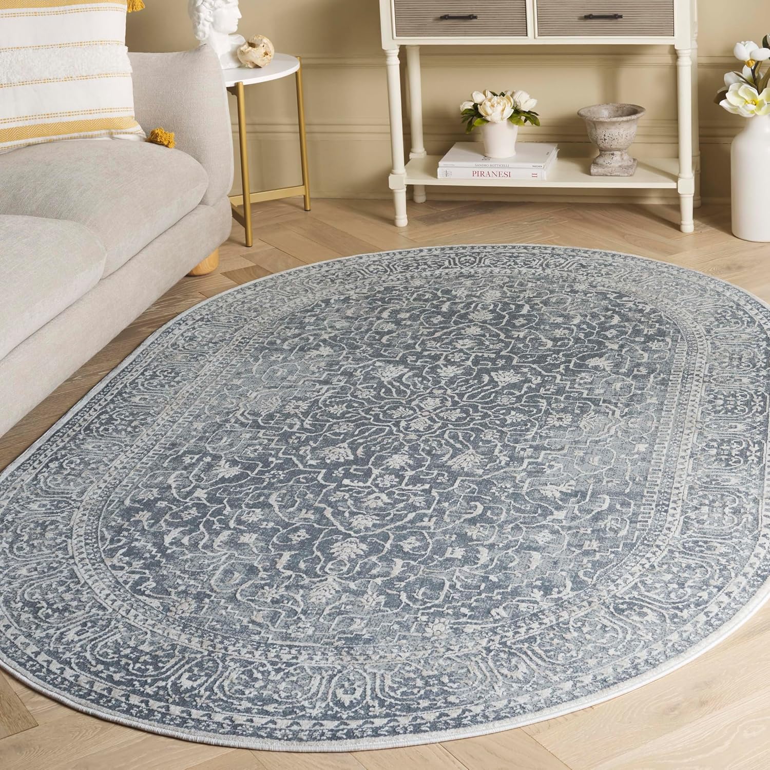 SAFAVIEH Reflection Collection Area Rug - 5'1" x 7'6" Oval, Dark Grey & Cream, Non-Shedding & Easy Cleaning, Ideal for Living Room, Bedroom (RFT670B)