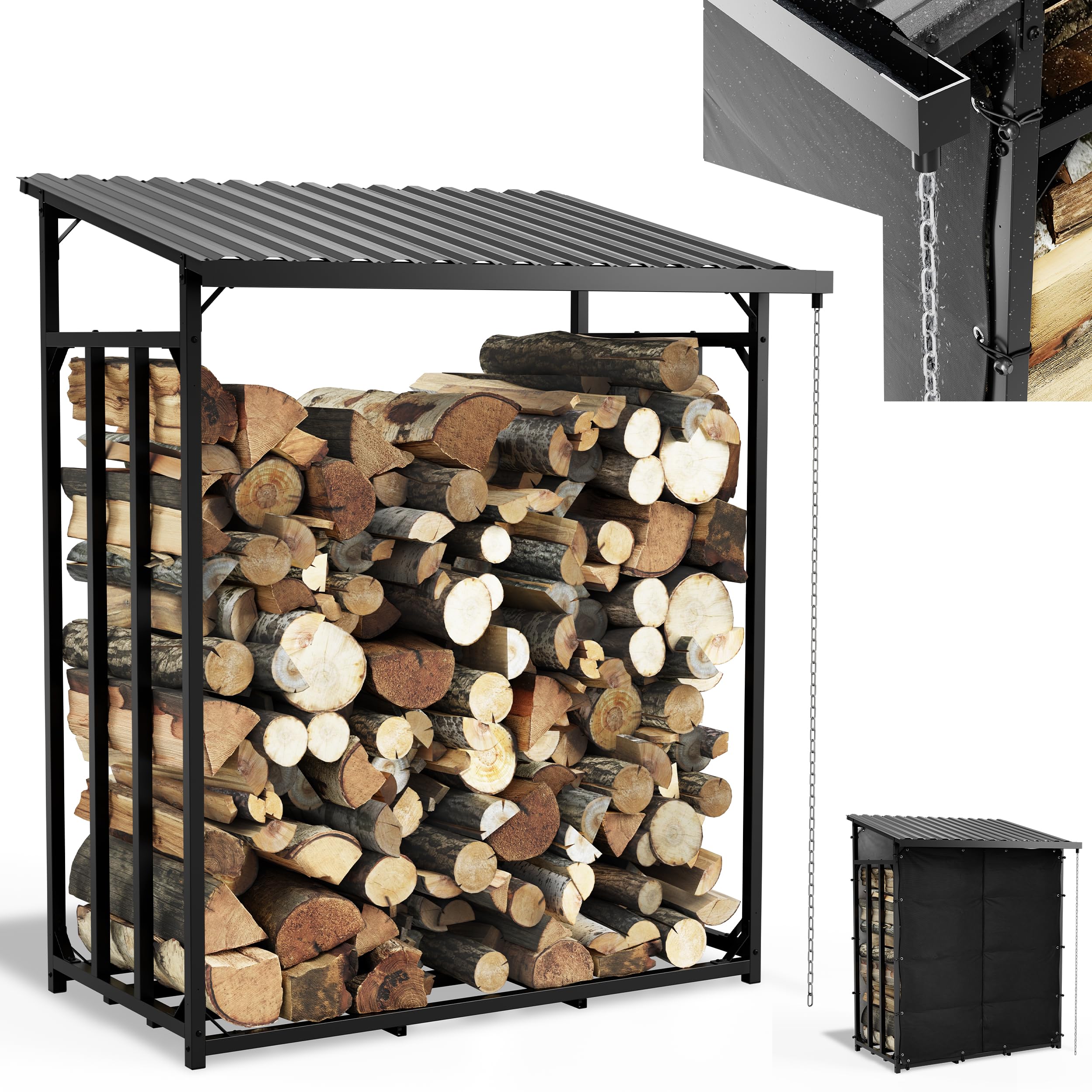 Onbest Brennholzregal mit Dach – Kaminholzregal 185x70x185 cm | Metall-Holzlager für außen mit Regenrinne, Regenkette, Wetterschutz und Stapelhilfe für Kaminholz