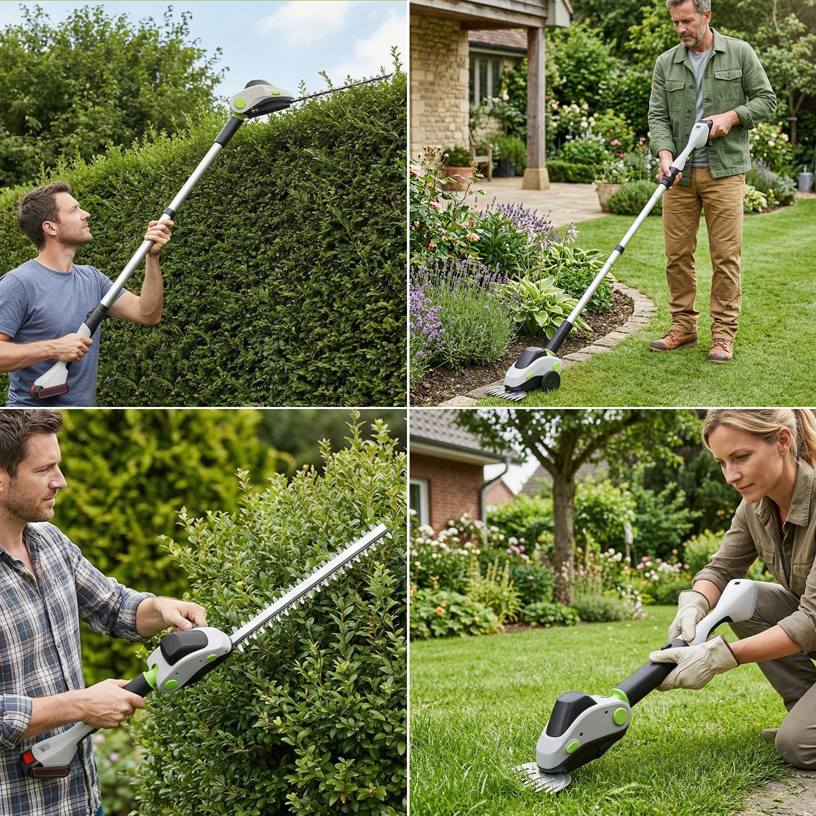 Akku Heckenschere mit Teleskopstiel und Rollen, 4-in-1 Elektro-Teleskop-Astschere & Grasschere mit Leistungsdisplay und 2x21V Akkus, Aluminiumlegierung, Max 1,73m, 110° Verstellbarer Kopf