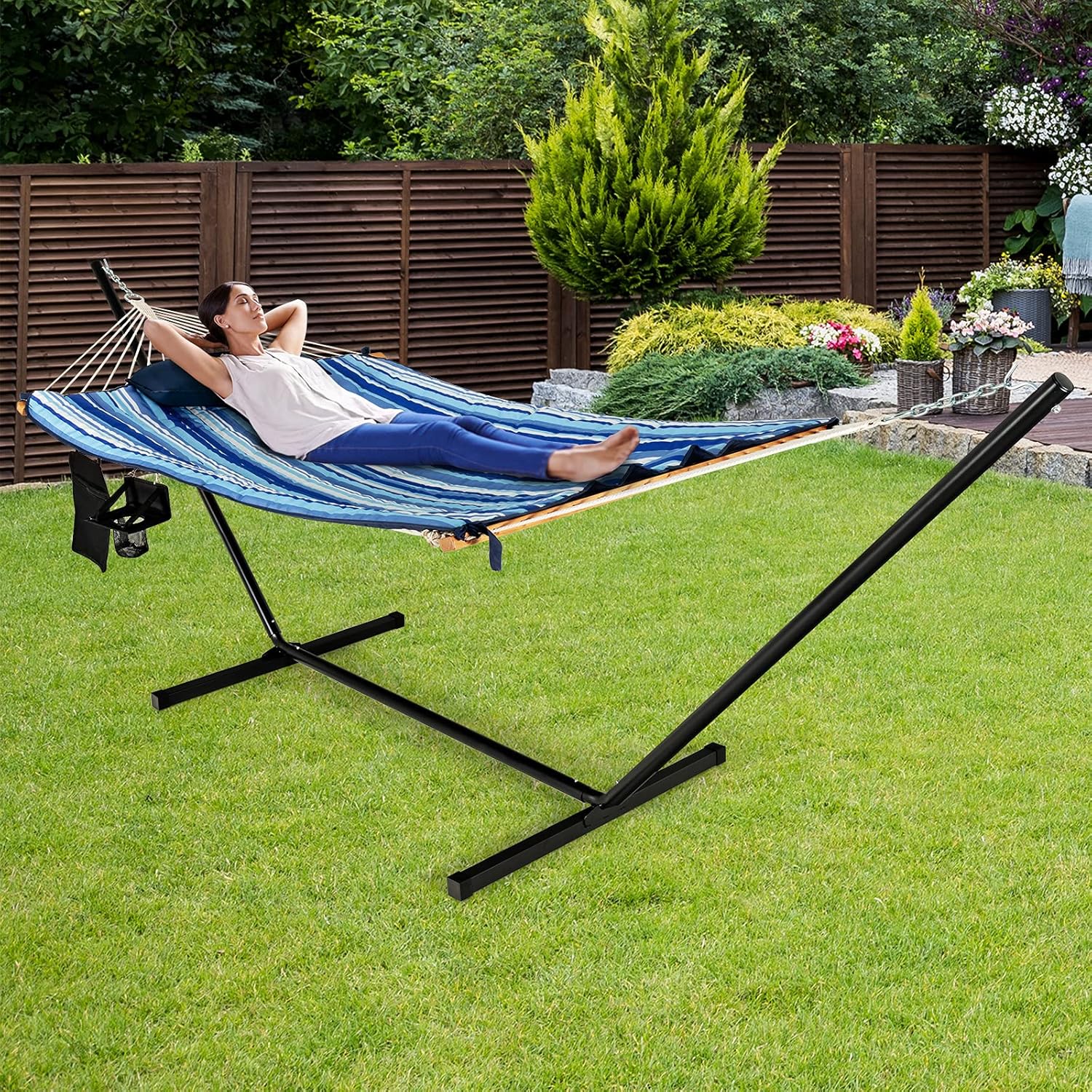 Tangkula Double Hammock with Stand, 2 Person 12Ft Steel Hammock Stand with Cotton Hammock, Pillow, Cup Holder, Carry Bag, Indoor Outdoor Hammock Combo for Backyard, Patio, Porch