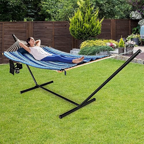 Miniatura 2 de Tangkula Hamaca doble con soporte, hamaca de acero para 2 personas de 12 pies con hamaca de algodón, almohada, portavasos, bolsa de transporte,